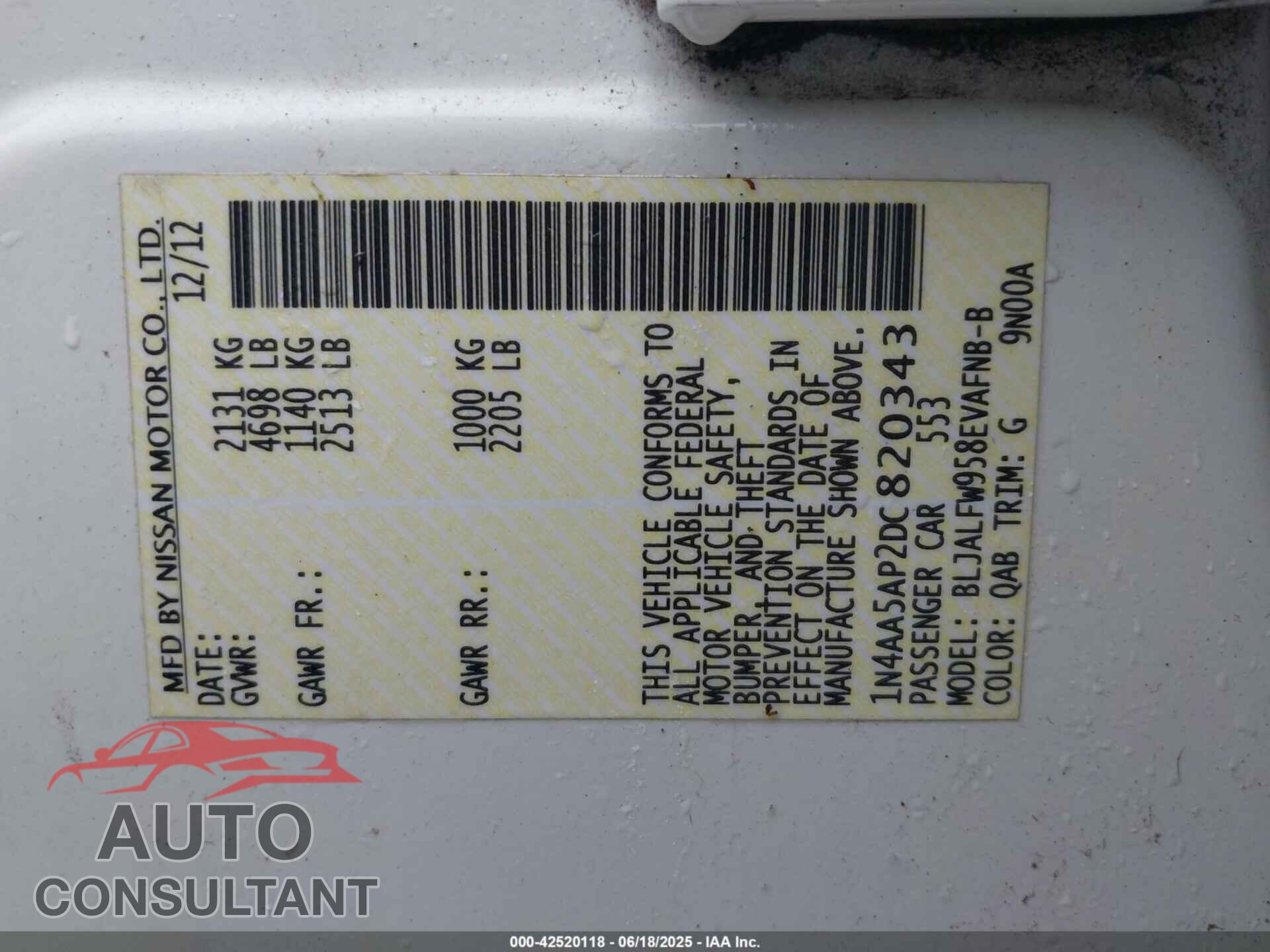 NISSAN MAXIMA 2013 - 1N4AA5AP2DC820343