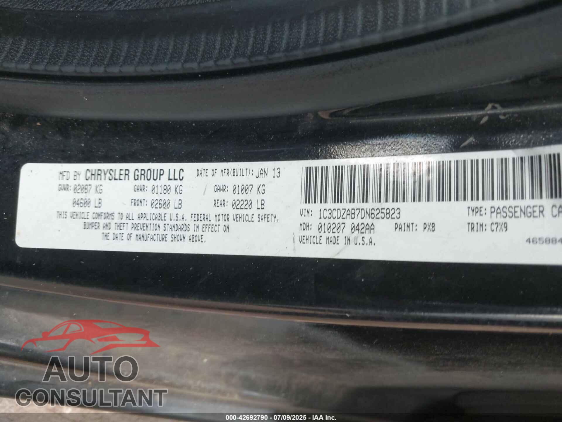 DODGE AVENGER 2013 - 1C3CDZAB7DN625823
