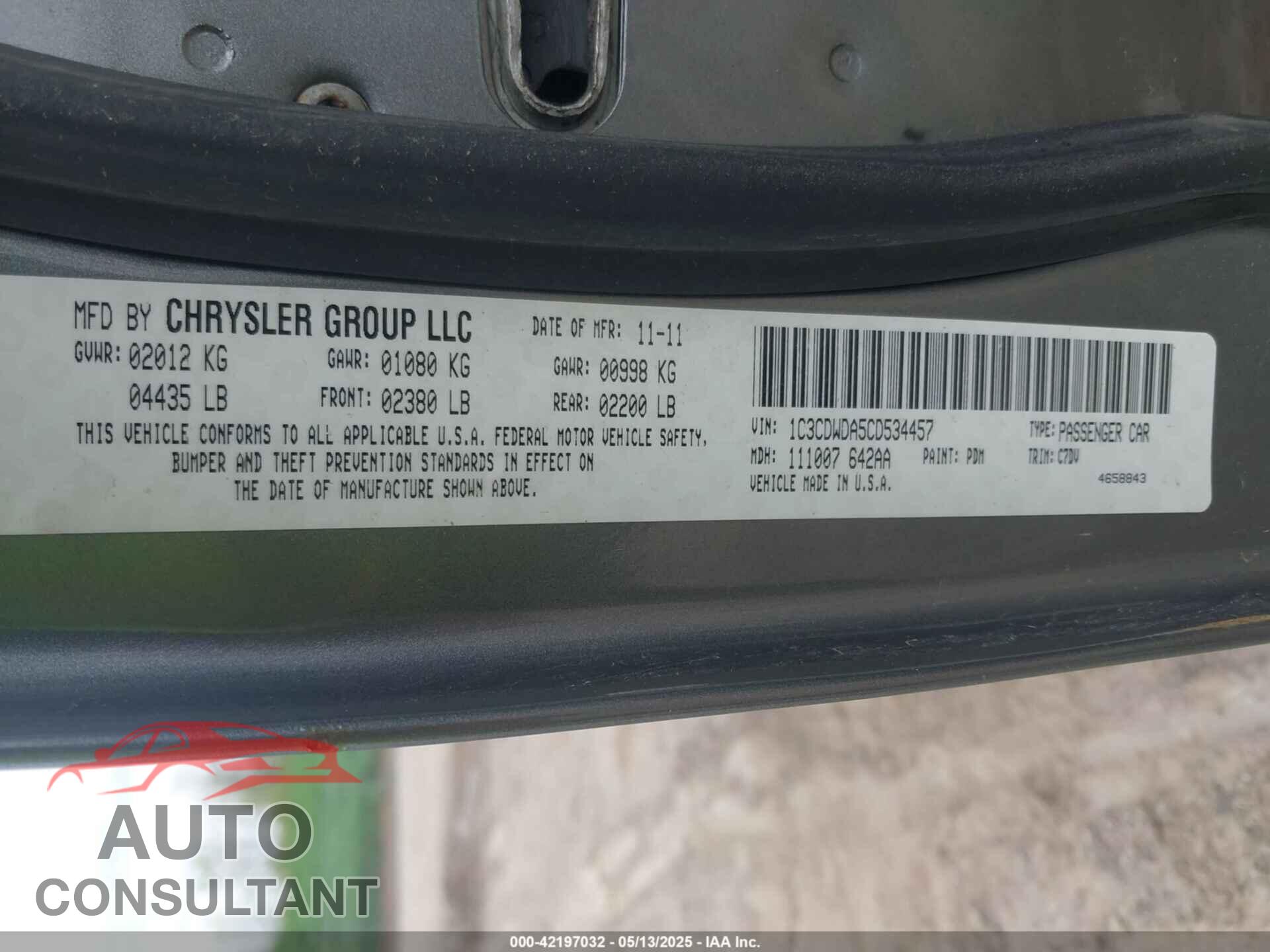 DODGE CALIBER 2012 - 1C3CDWDA5CD534457