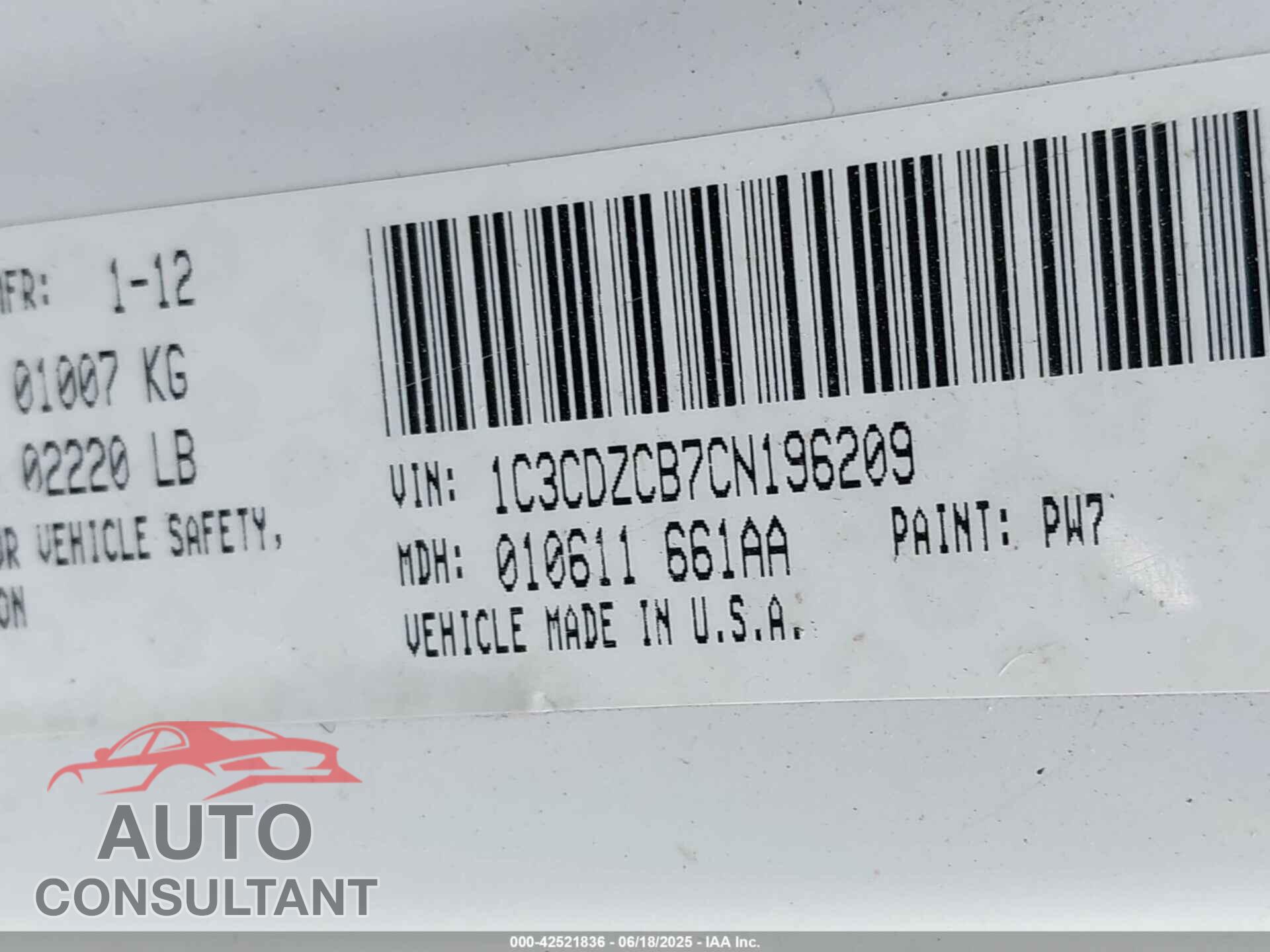 DODGE AVENGER 2012 - 1C3CDZCB7CN196209