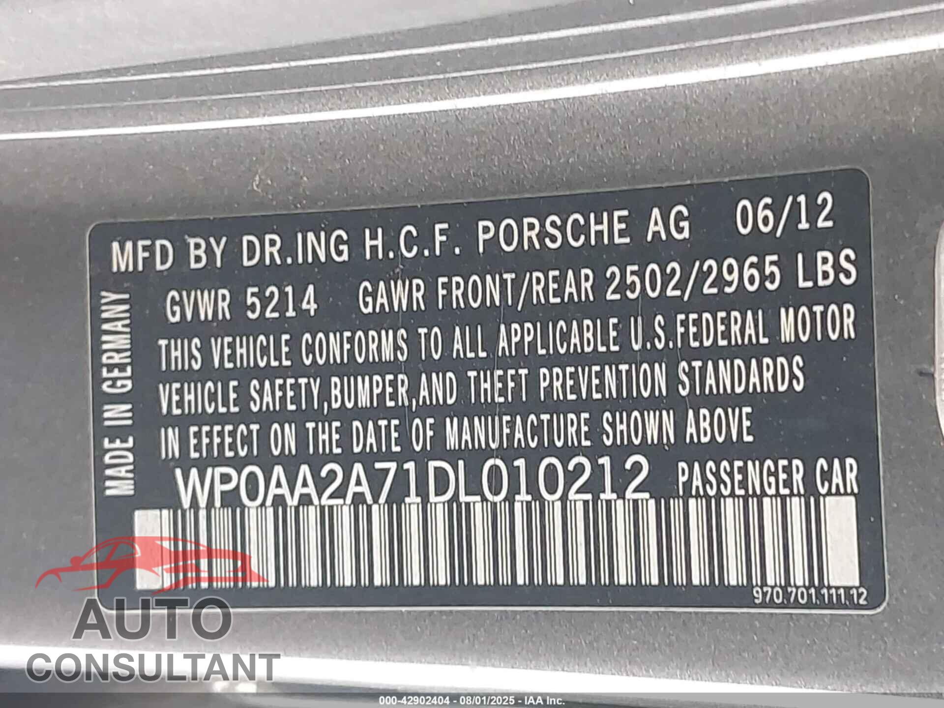 PORSCHE PANAMERA 2013 - WP0AA2A71DL010212