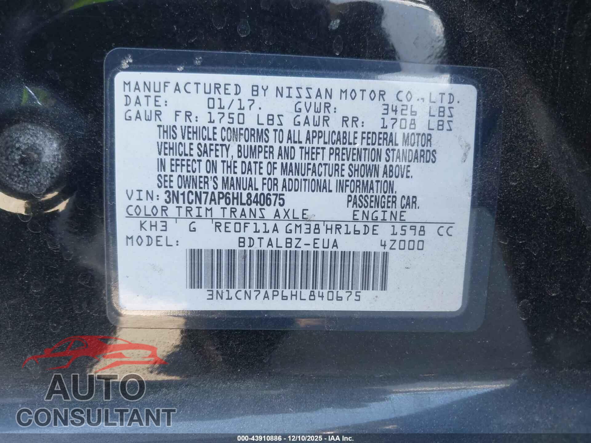 NISSAN VERSA 2017 - 3N1CN7AP6HL840675