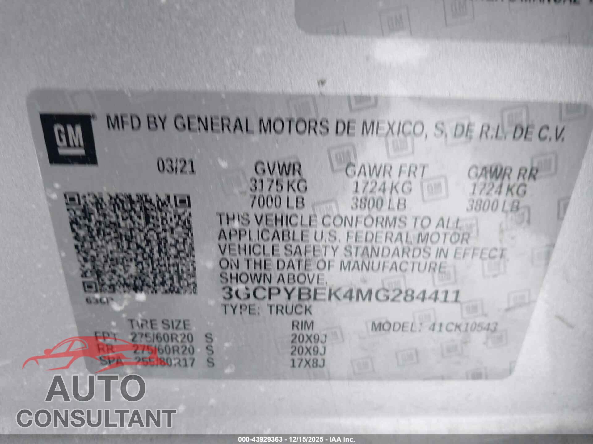CHEVROLET SILVERADO 1500 2021 - 3GCPYBEK4MG284411
