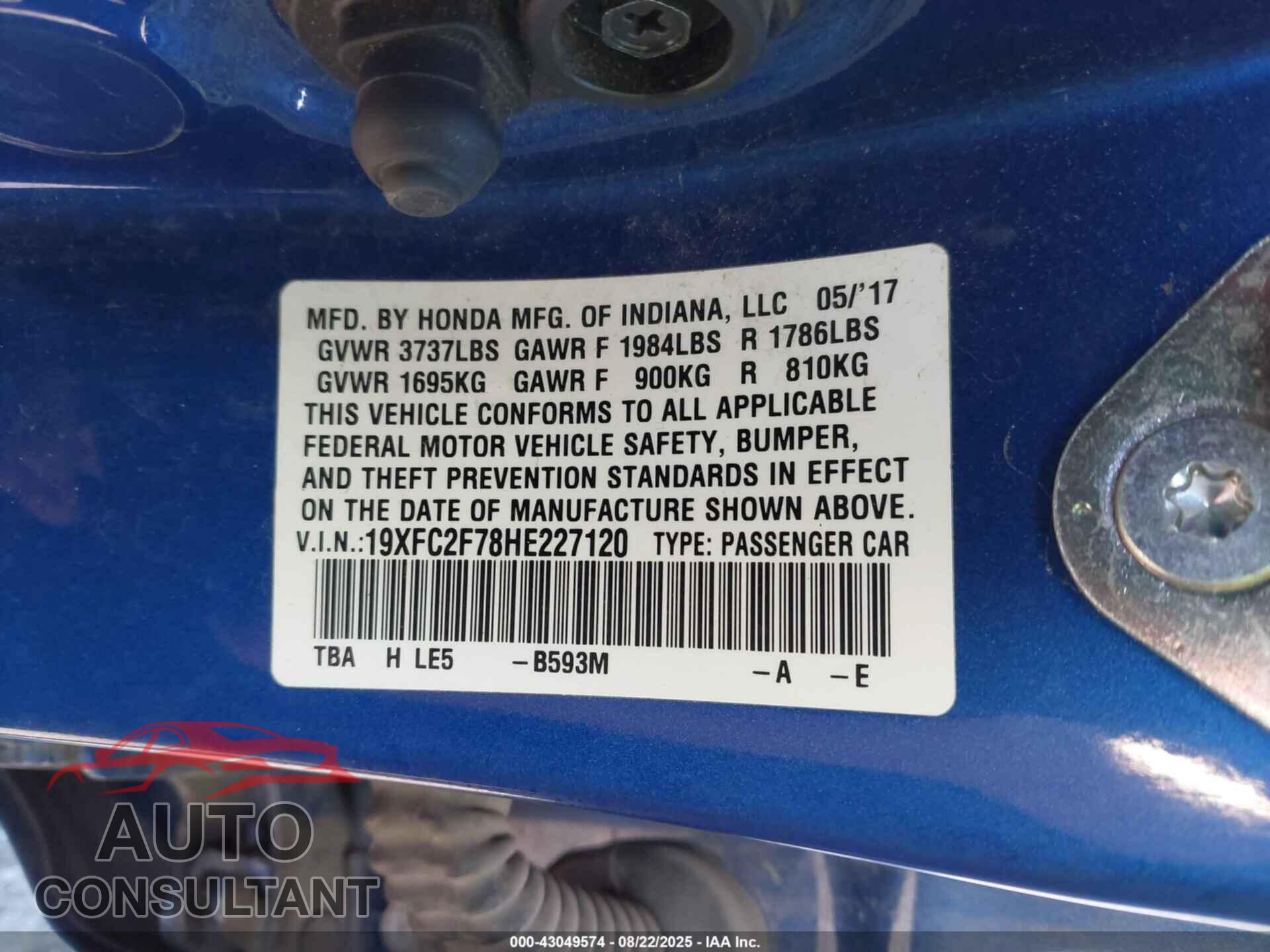 HONDA CIVIC 2017 - 19XFC2F78HE227120