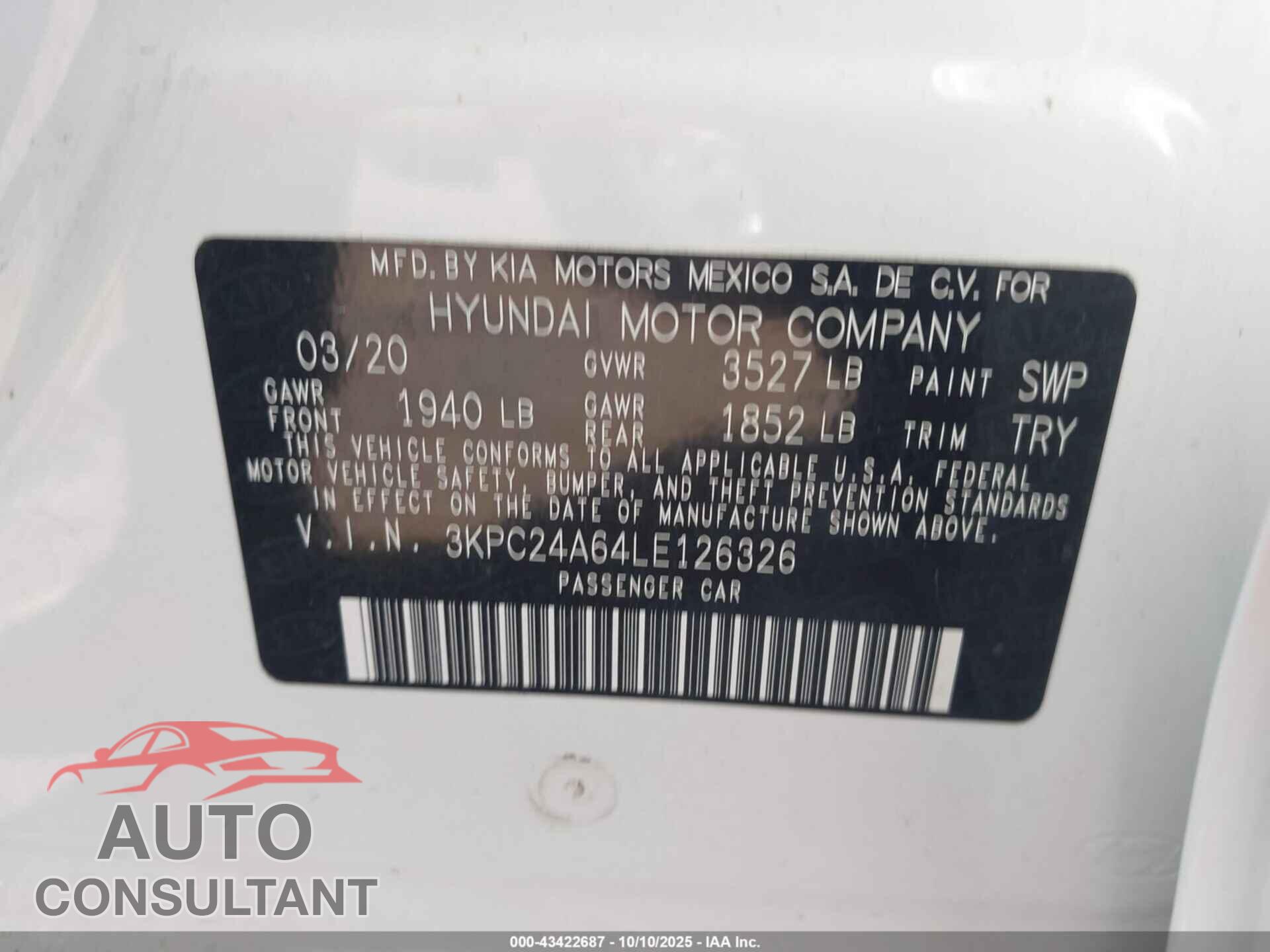 HYUNDAI ACCENT 2020 - 3KPC24A64LE126326