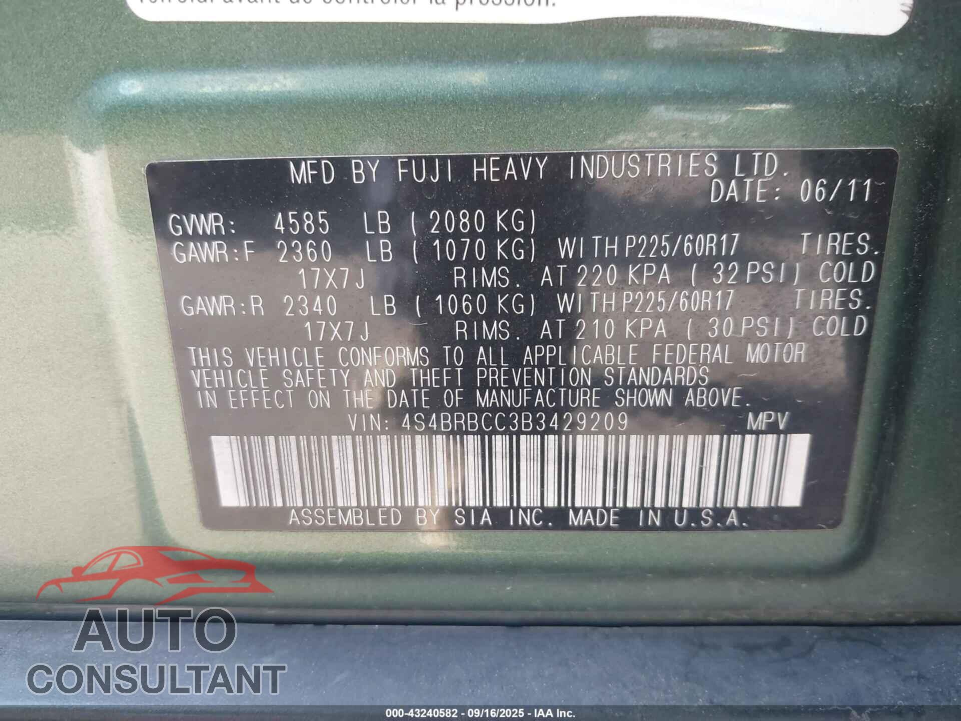 SUBARU OUTBACK 2011 - 4S4BRBCC3B3429209