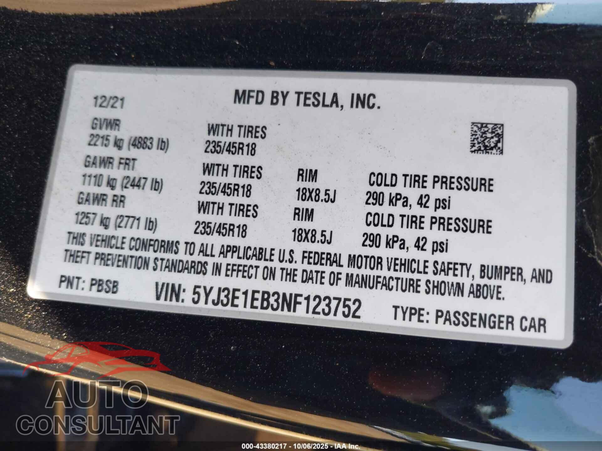 TESLA MODEL 3 2022 - 5YJ3E1EB3NF123752