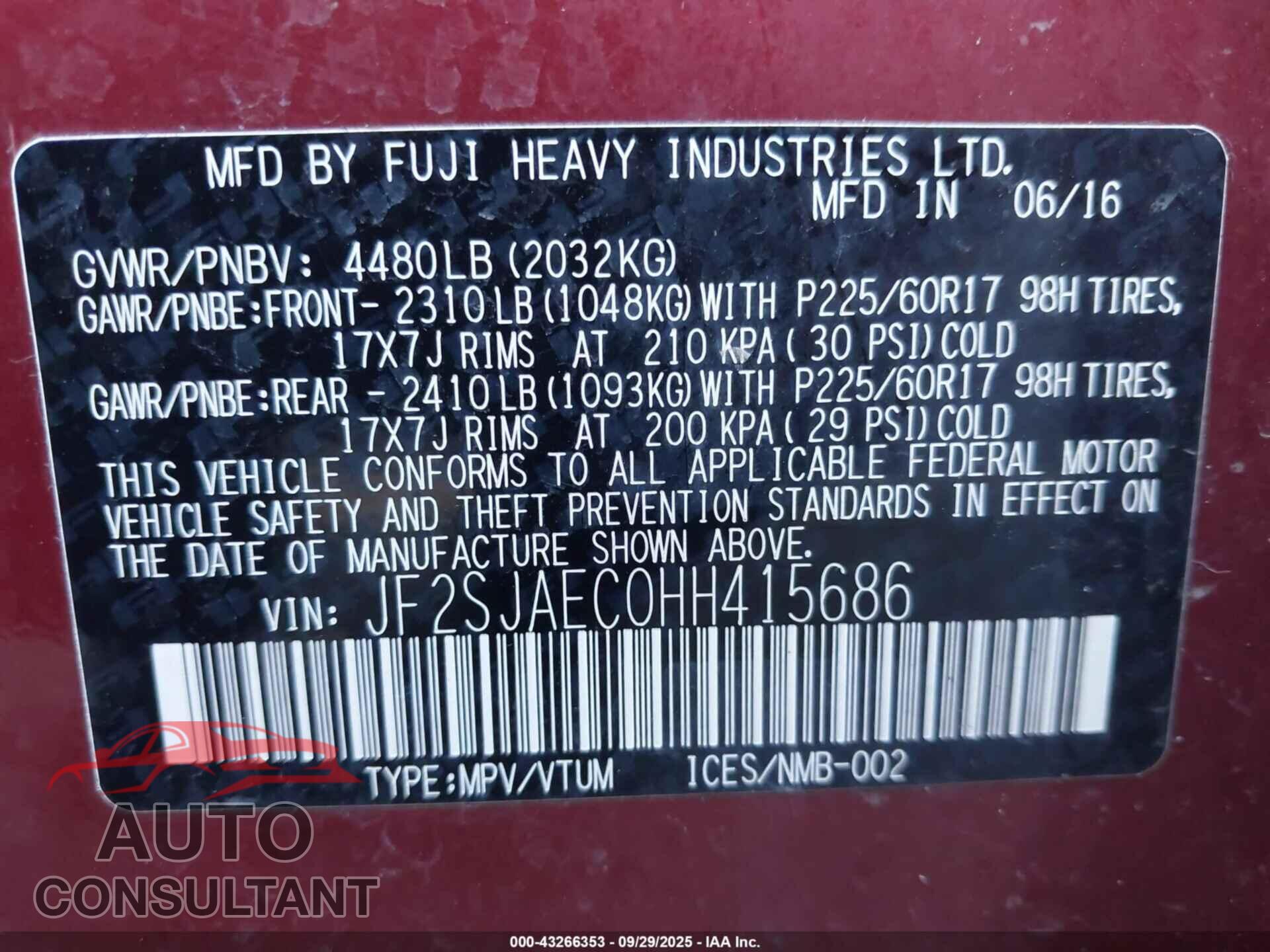SUBARU FORESTER 2017 - JF2SJAEC0HH415686