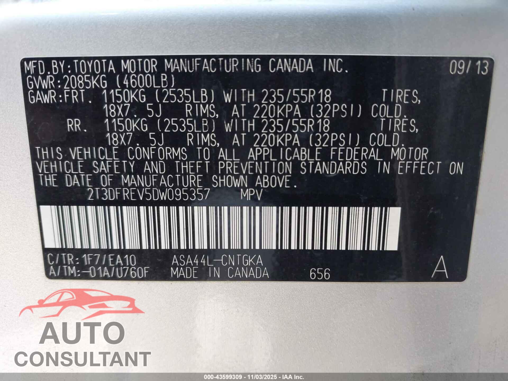 TOYOTA RAV4 2013 - 2T3DFREV5DW095357