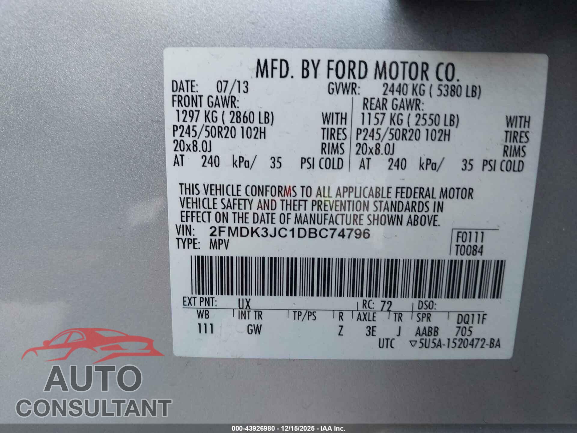 FORD EDGE 2013 - 2FMDK3JC1DBC74796
