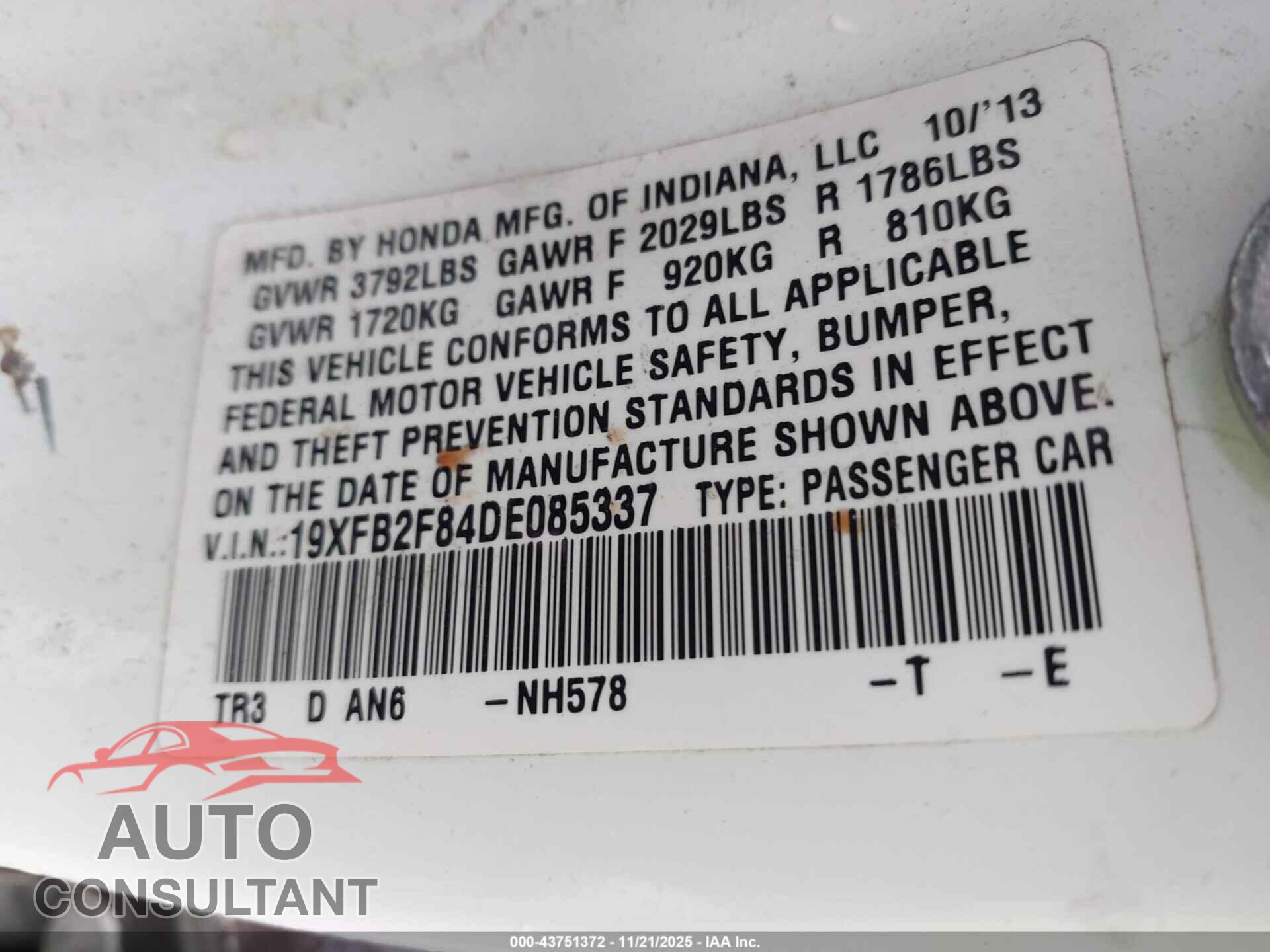HONDA CIVIC 2013 - 19XFB2F84DE085337