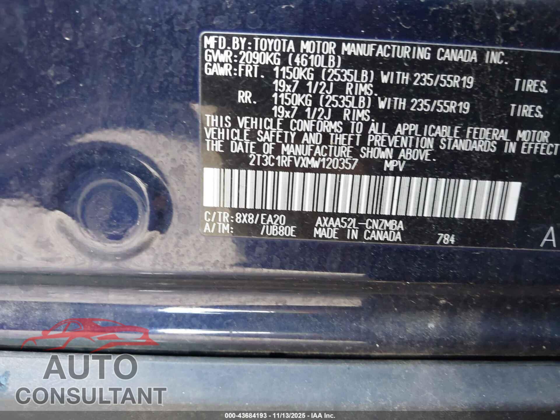 TOYOTA RAV4 2021 - 2T3C1RFVXMW120357