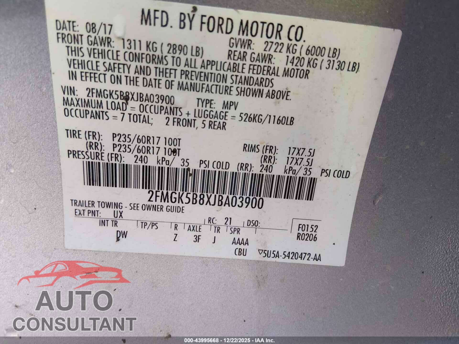FORD FLEX 2018 - 2FMGK5B8XJBA03900