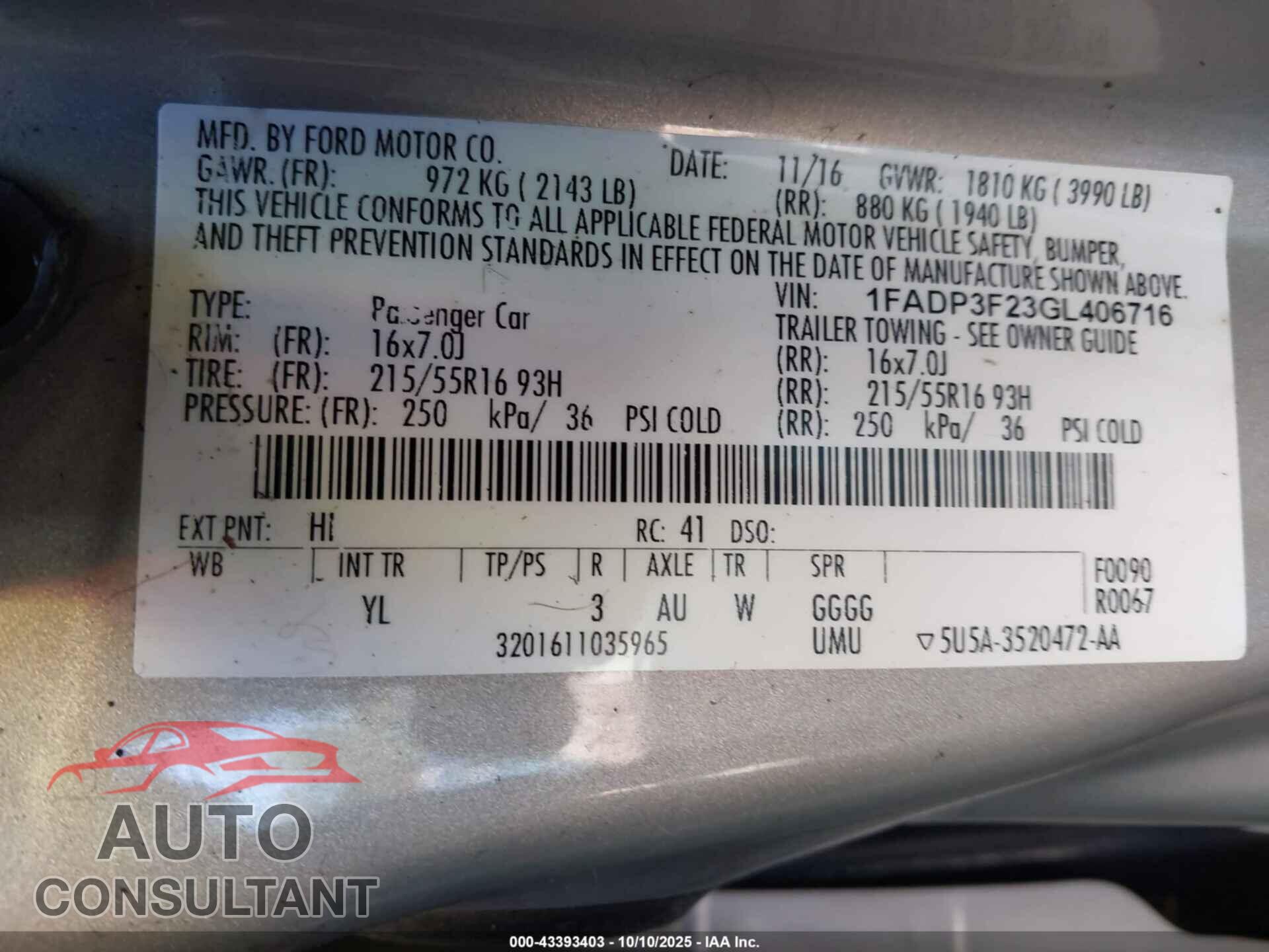 FORD FOCUS 2016 - 1FADP3F23GL406716