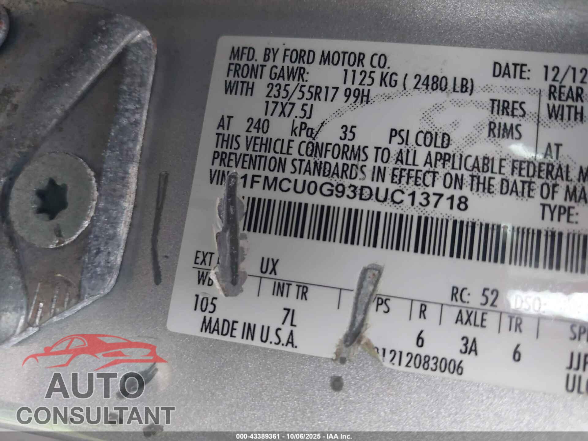 FORD ESCAPE 2013 - 1FMCU0G93DUC13718