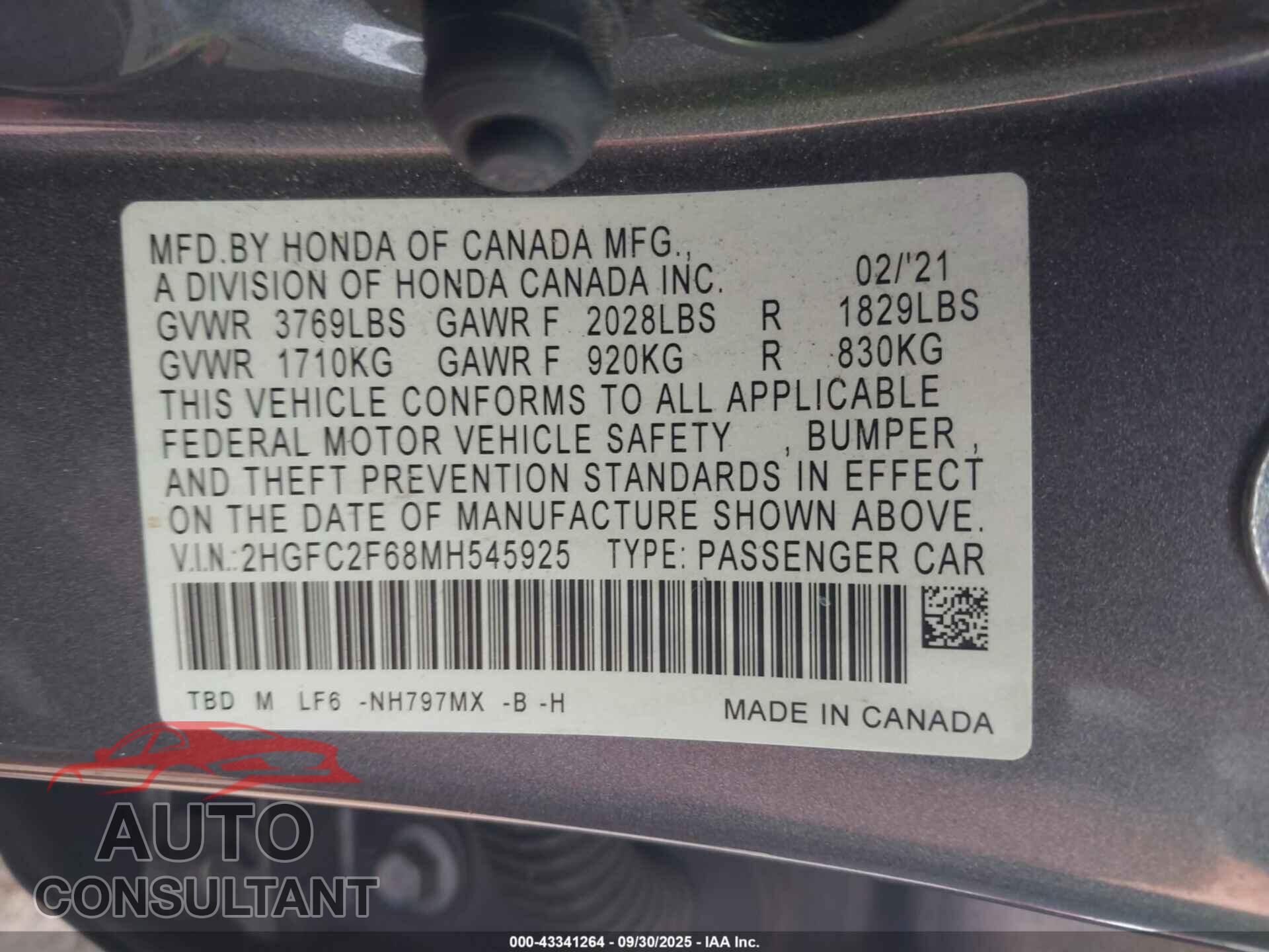 HONDA CIVIC 2021 - 2HGFC2F68MH545925