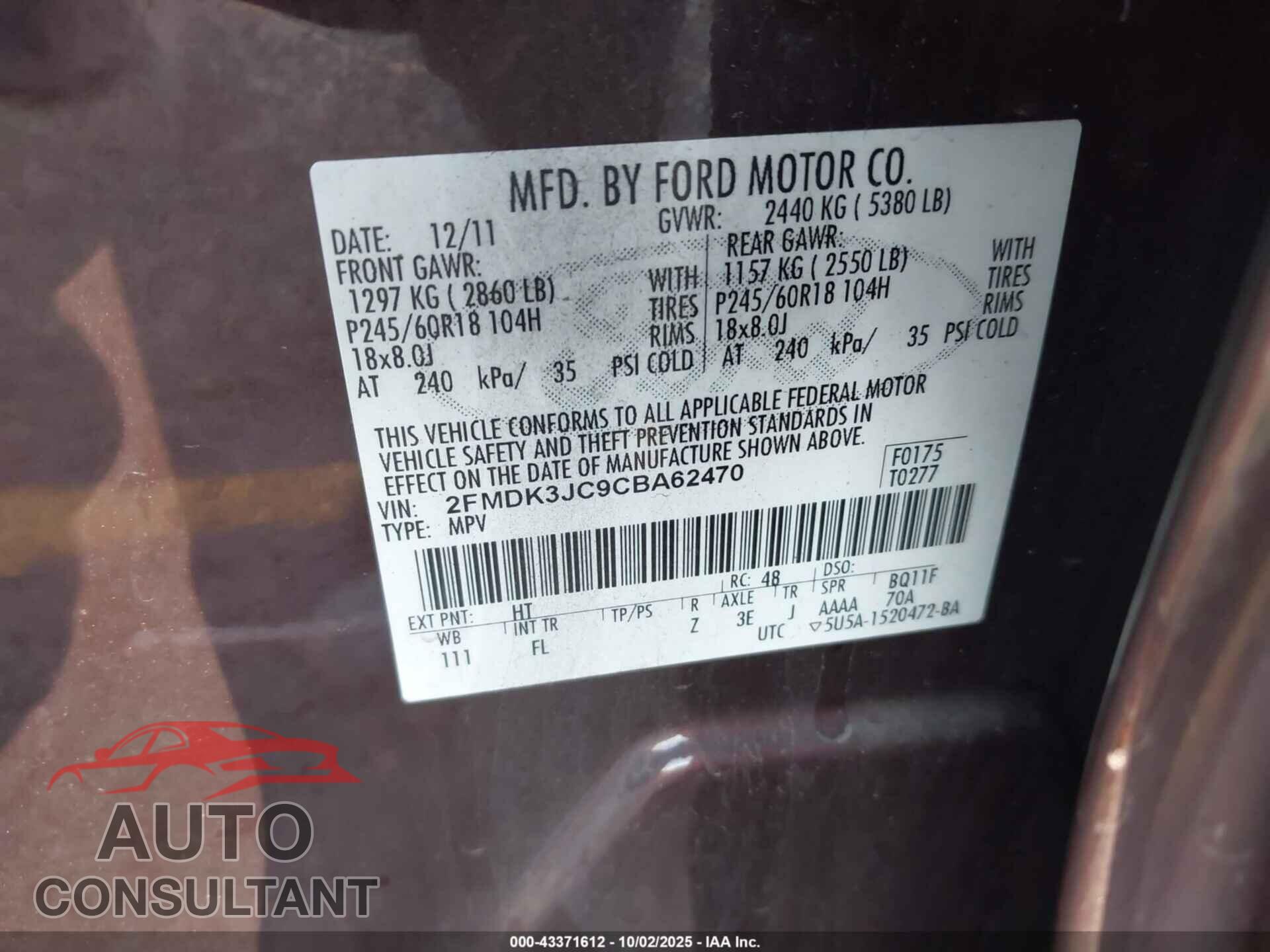 FORD EDGE 2012 - 2FMDK3JC9CBA62470