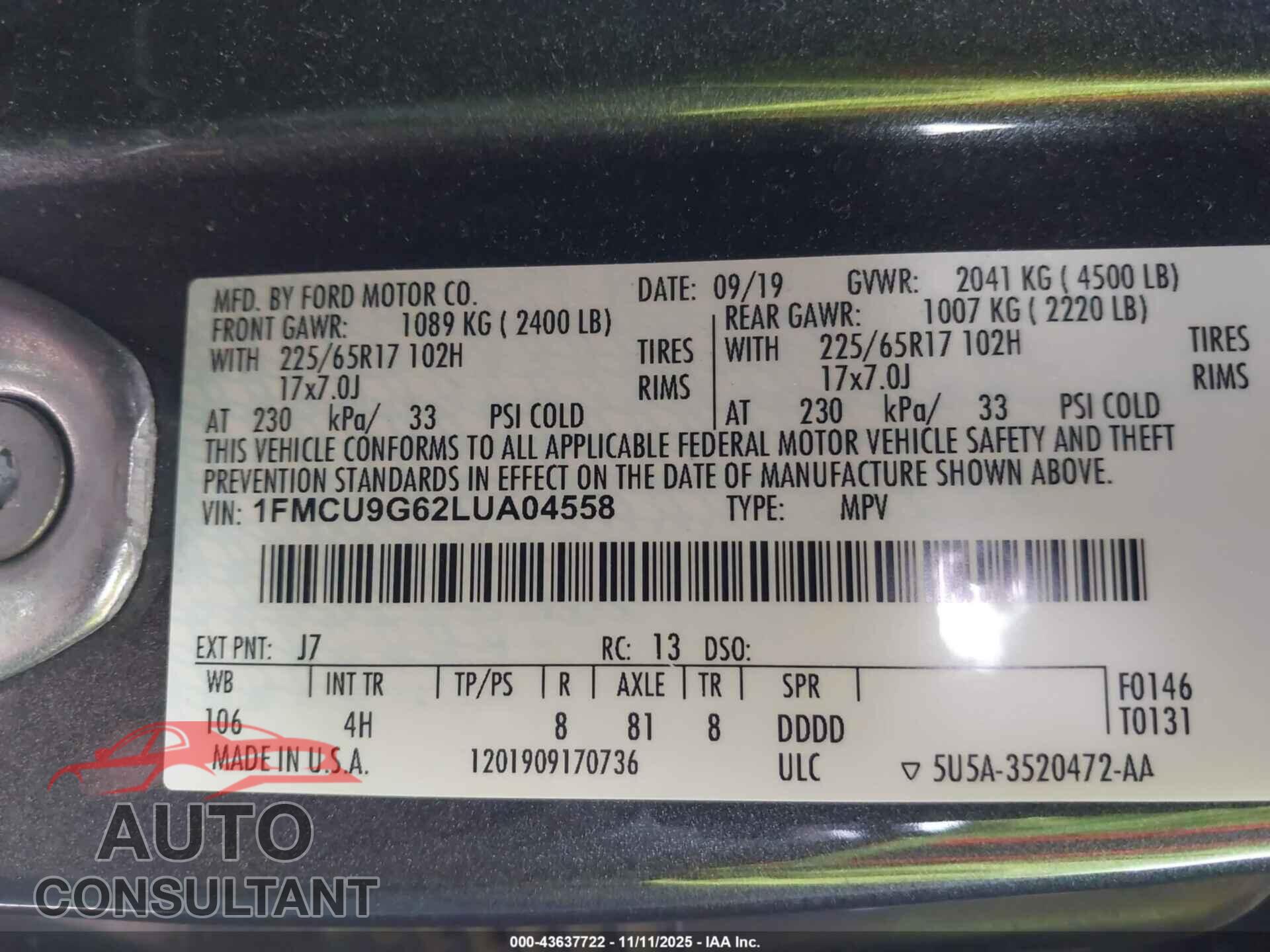 FORD ESCAPE 2020 - 1FMCU9G62LUA04558
