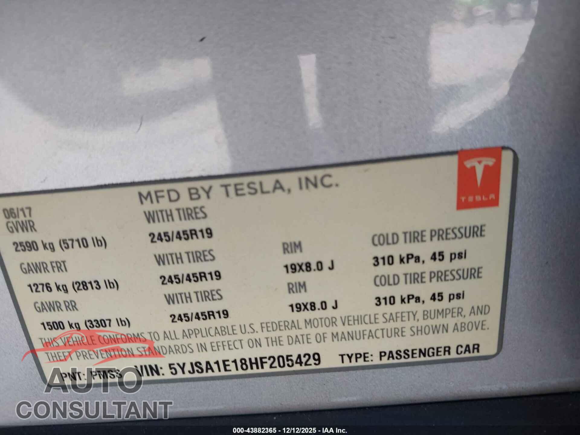 TESLA MODEL S 2017 - 5YJSA1E18HF205429