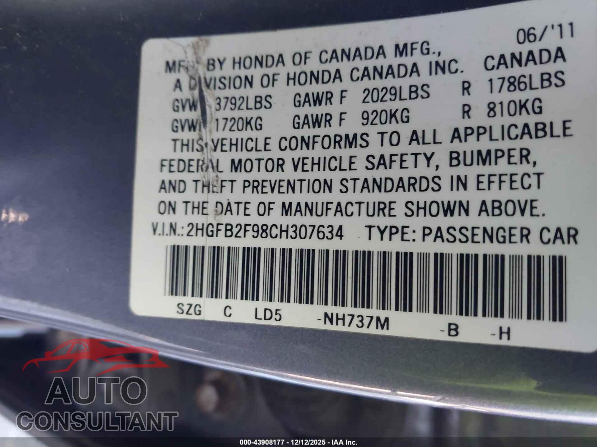 HONDA CIVIC 2012 - 2HGFB2F98CH307634