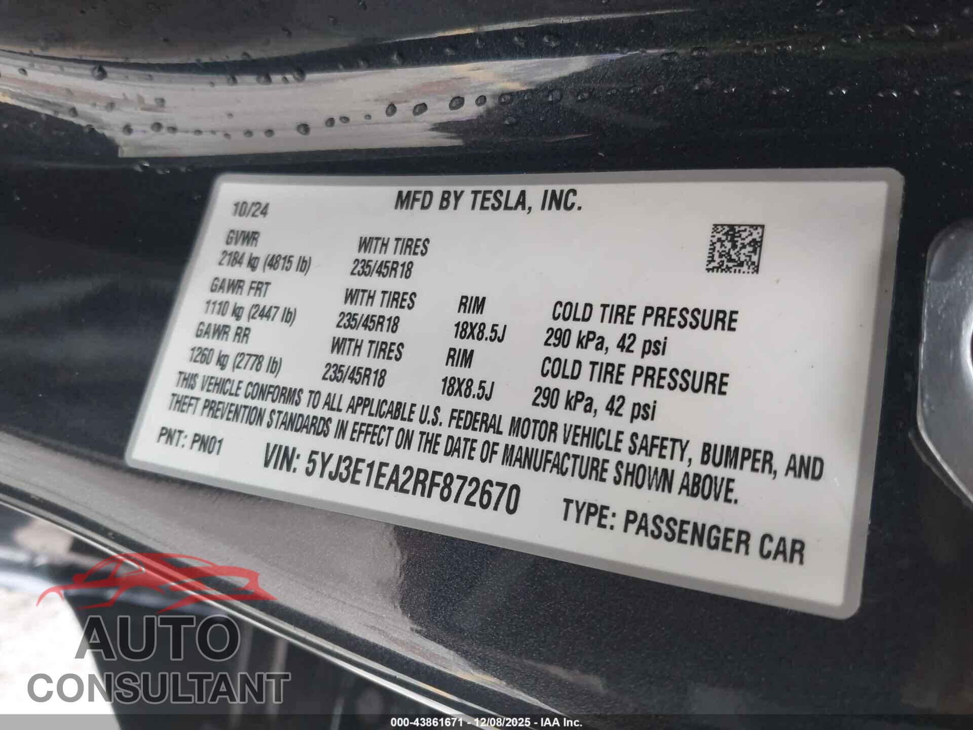 TESLA MODEL 3 2024 - 5YJ3E1EA2RF872670