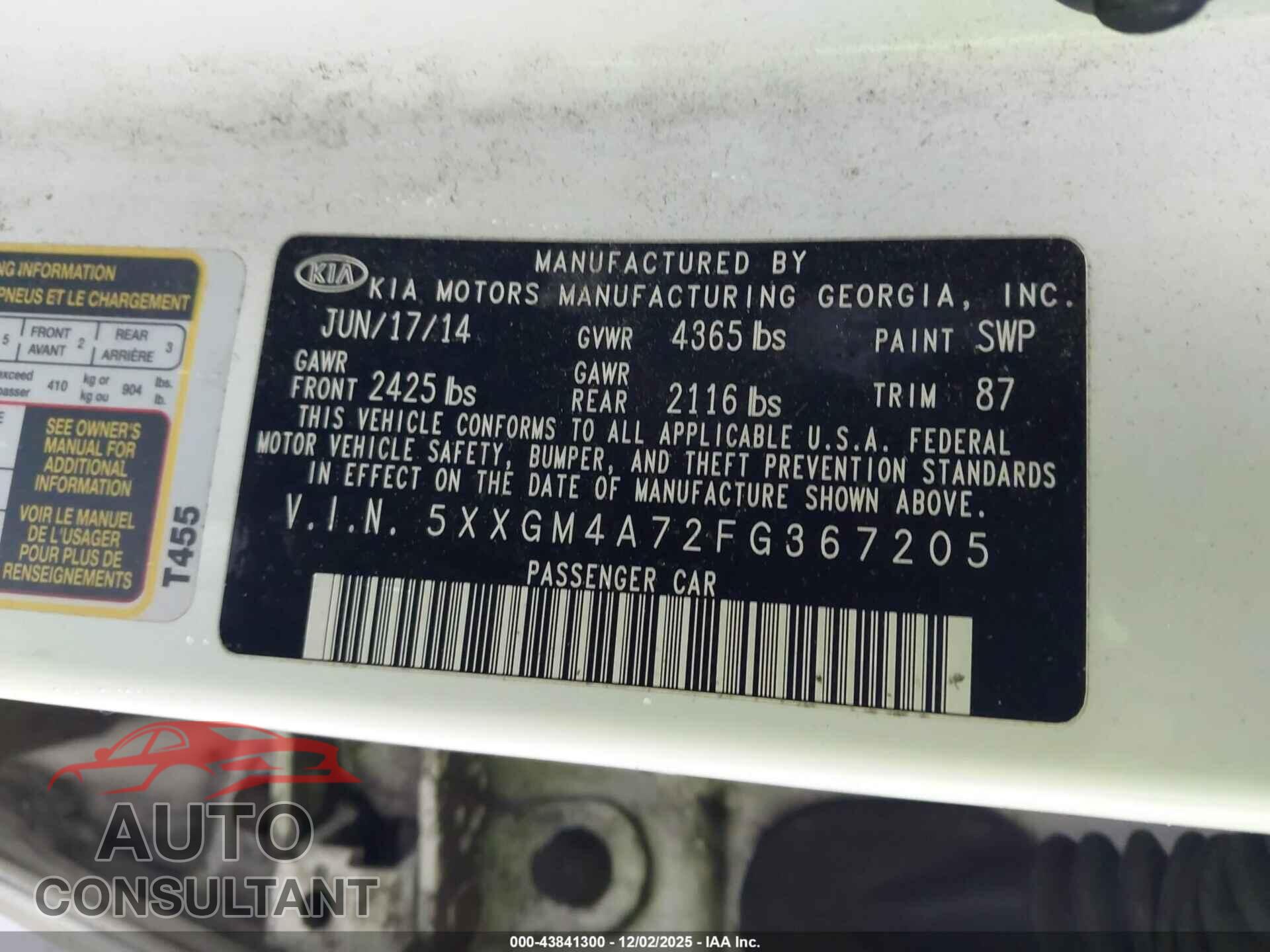 KIA OPTIMA 2015 - 5XXGM4A72FG367205