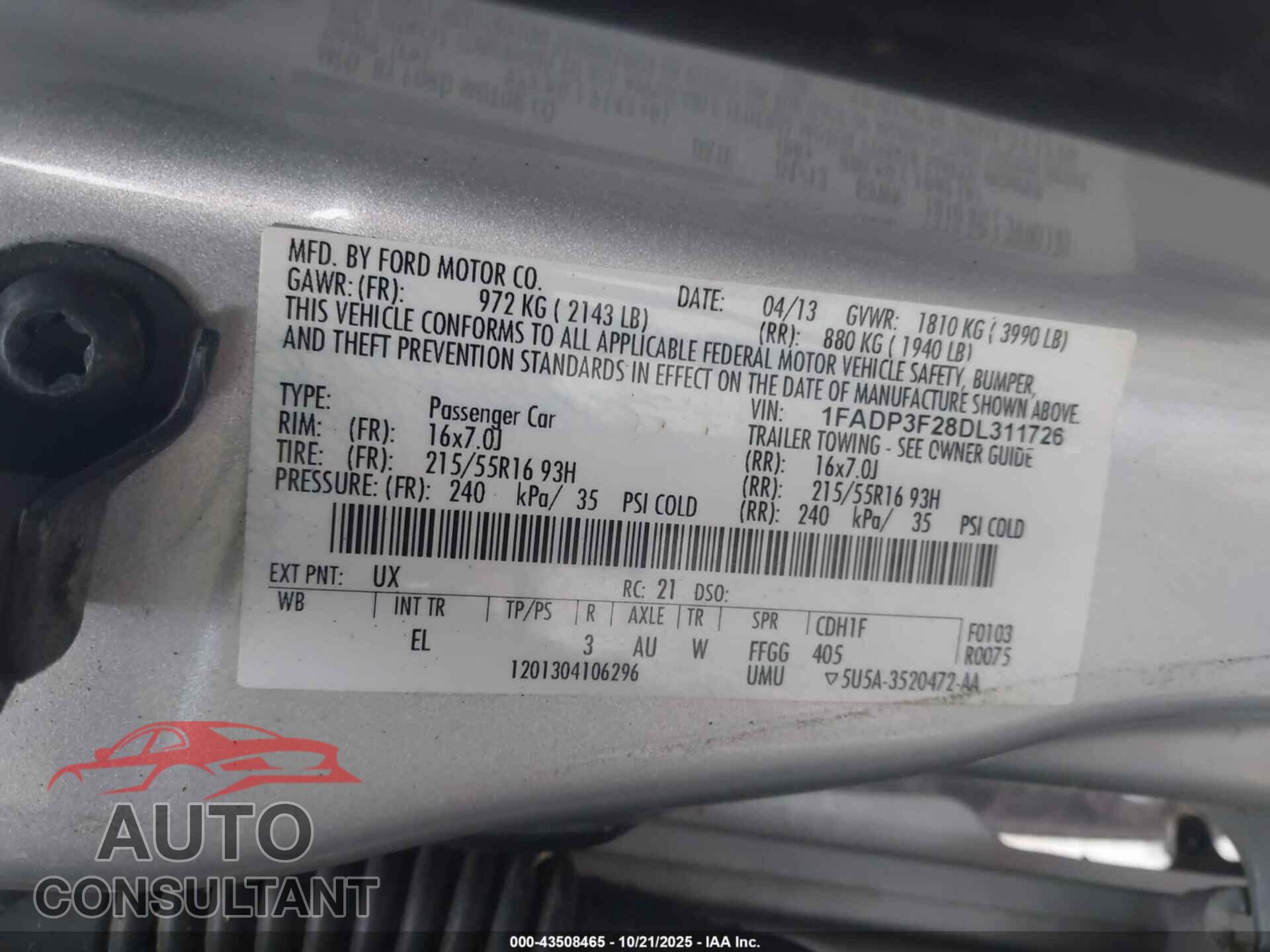 FORD FOCUS 2013 - 1FADP3F28DL311726