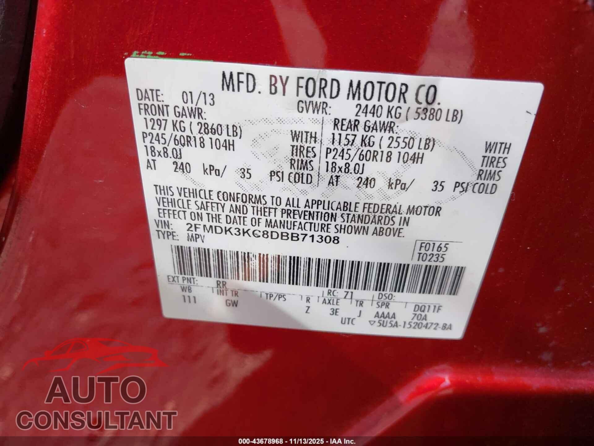 FORD EDGE 2013 - 2FMDK3KC8DBB71308