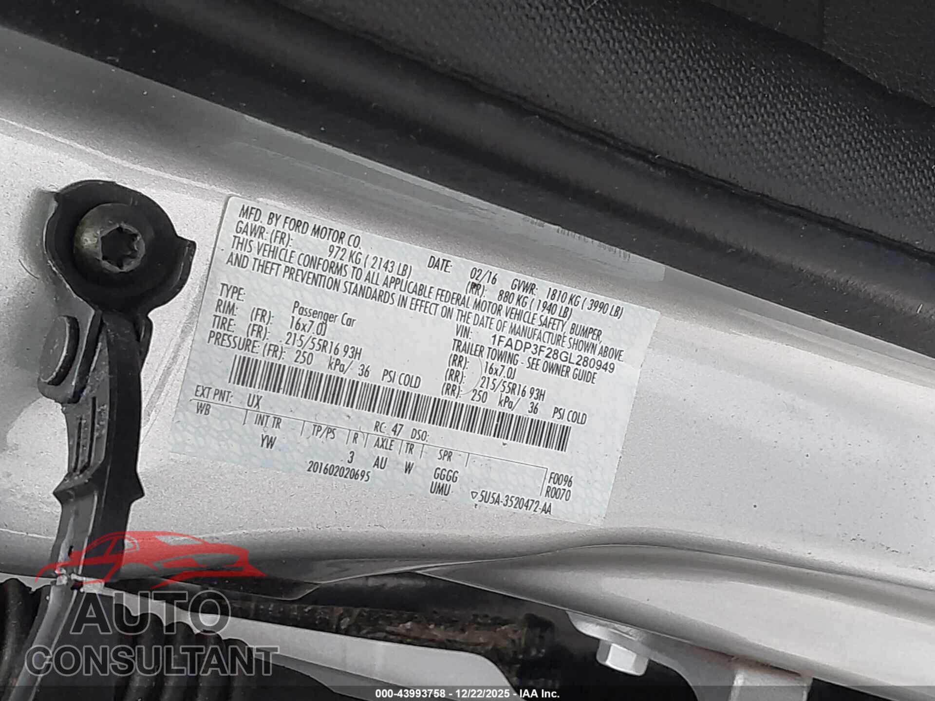 FORD FOCUS 2016 - 1FADP3F28GL280949