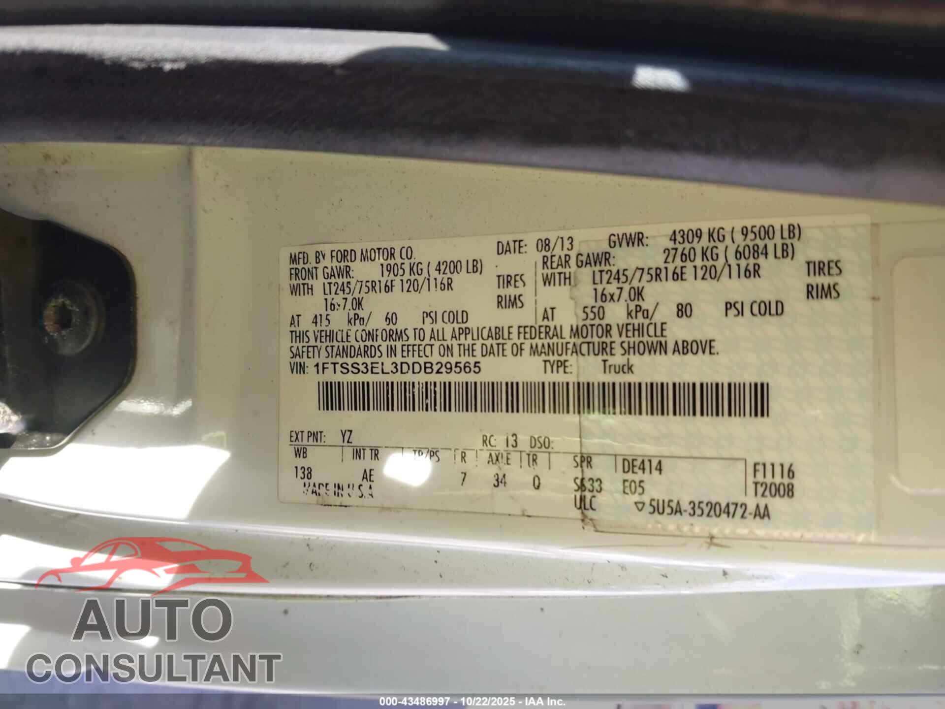 FORD E-350 SUPER DUTY 2013 - 1FTSS3EL3DDB29565