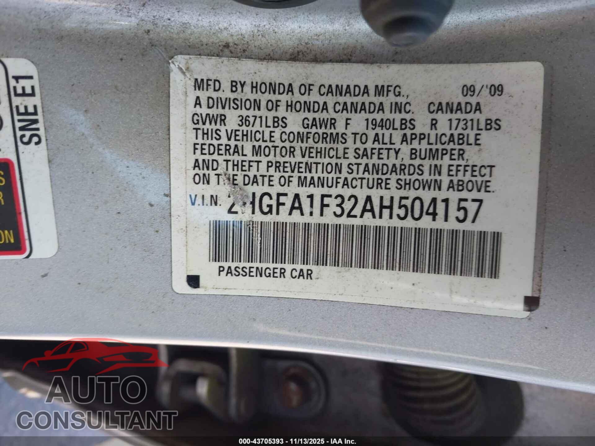 HONDA CIVIC 2010 - 2HGFA1F32AH504157