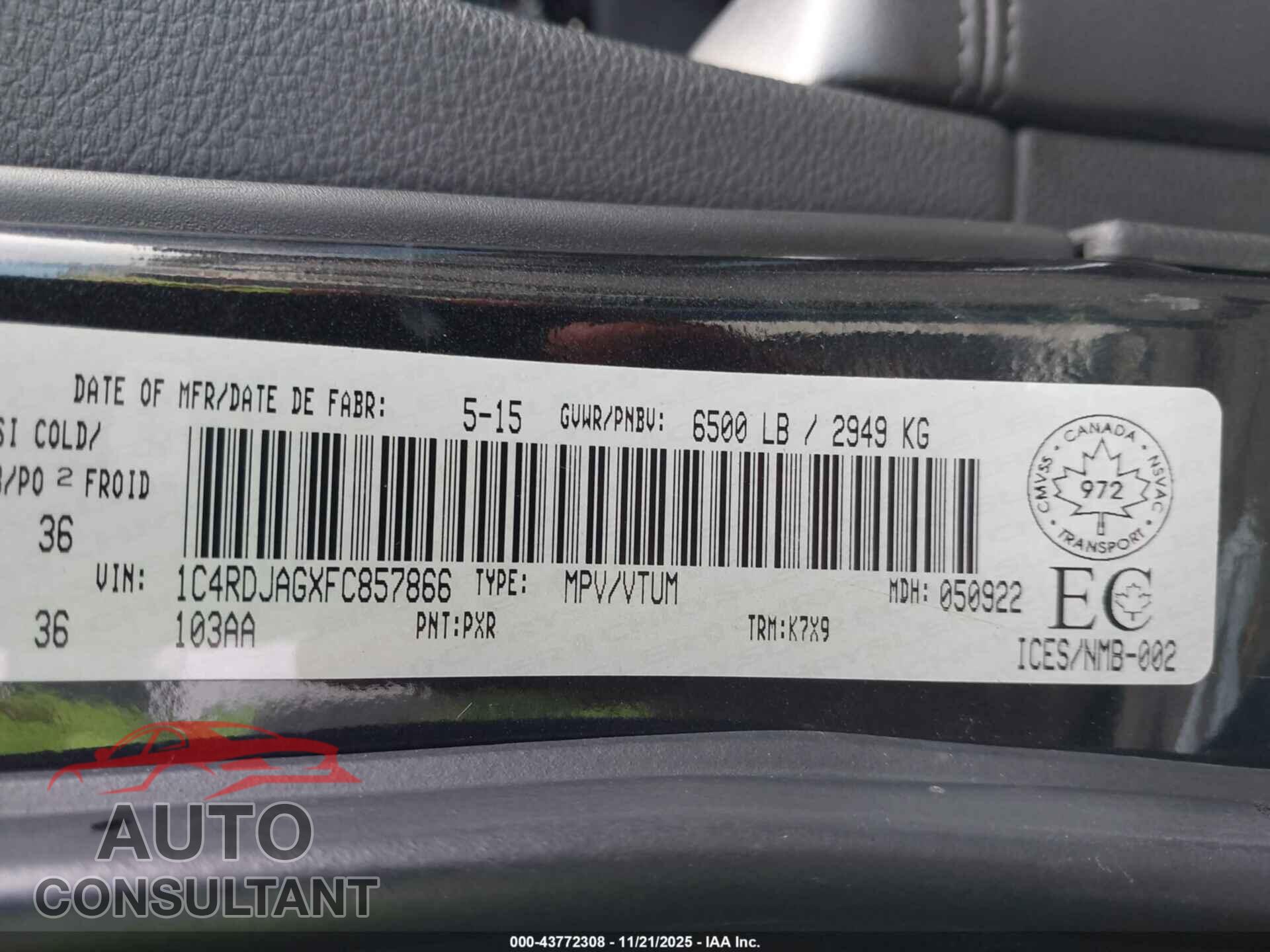 DODGE DURANGO 2015 - 1C4RDJAGXFC857866