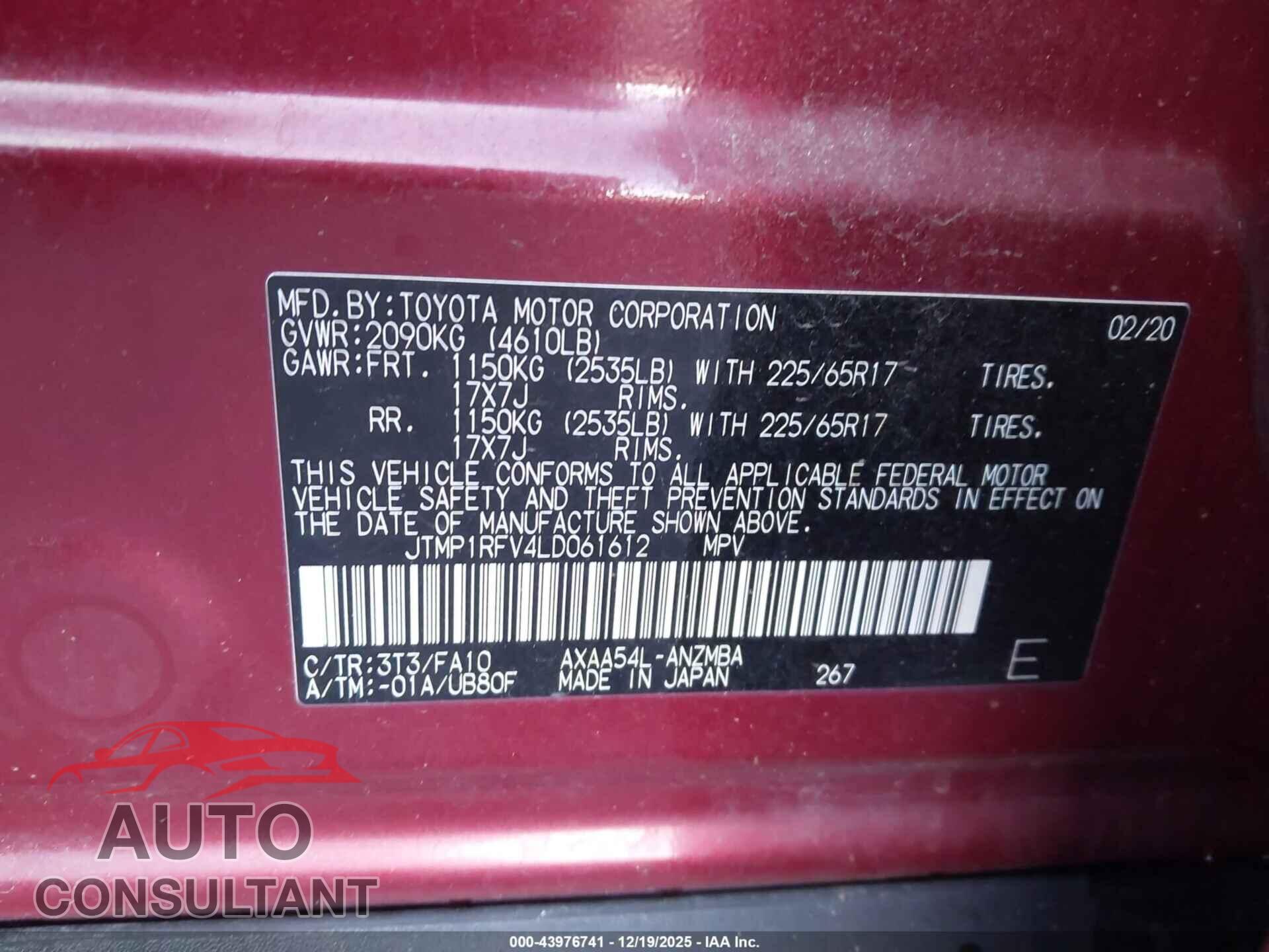 TOYOTA RAV4 2020 - JTMP1RFV4LD061612