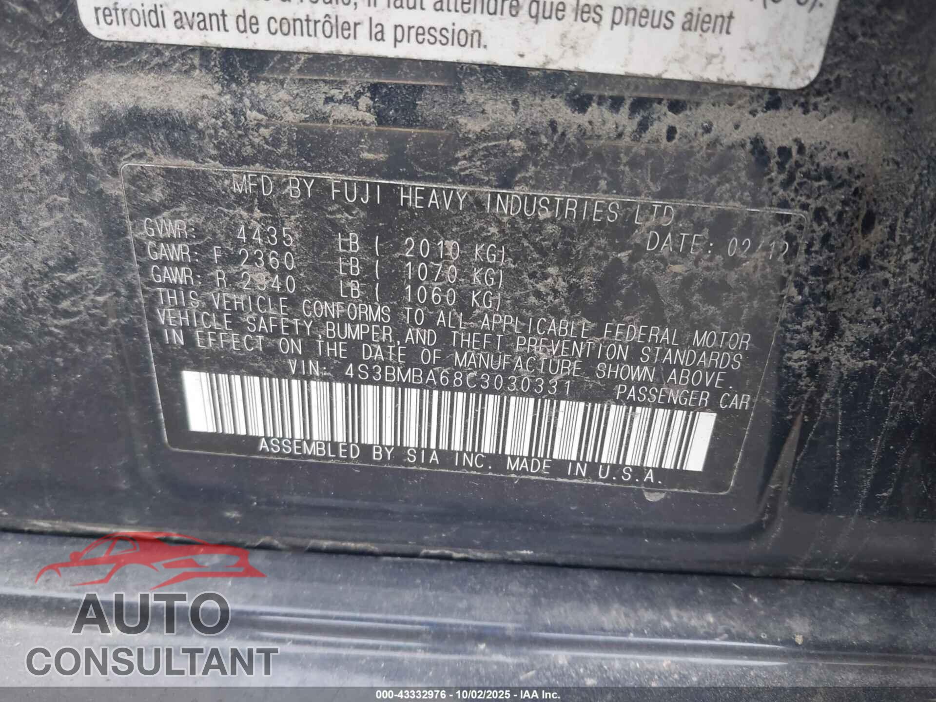 SUBARU LEGACY 2012 - 4S3BMBA68C3030331