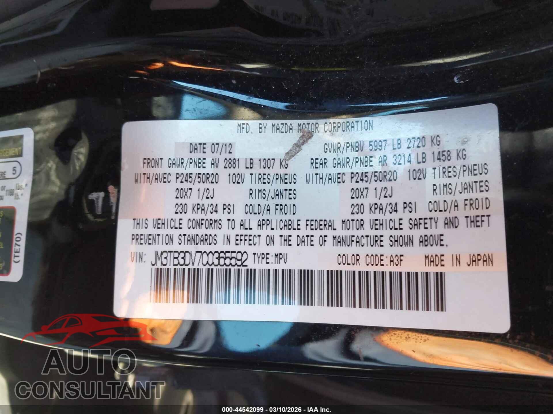 MAZDA CX-9 2012 - JM3TB3DV7C0365592