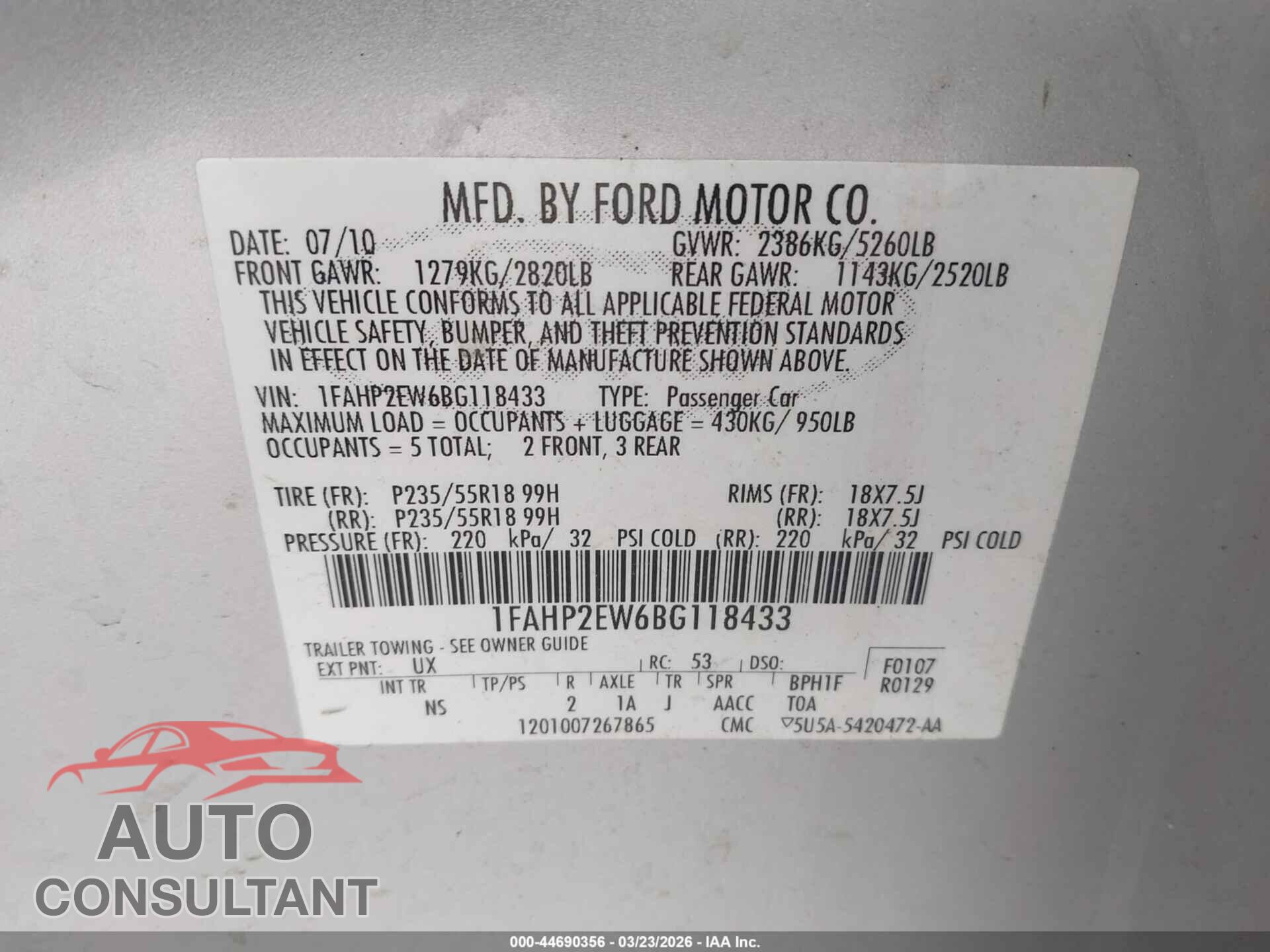 FORD TAURUS 2011 - 1FAHP2EW6BG118433