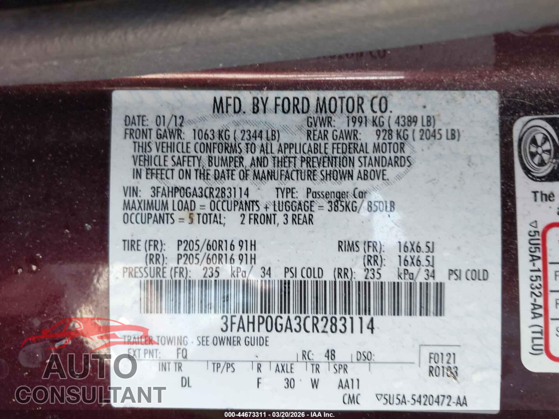 FORD FUSION 2012 - 3FAHP0GA3CR283114