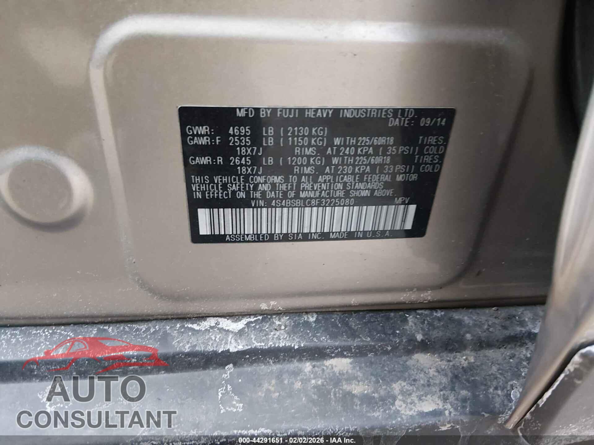 SUBARU OUTBACK 2015 - 4S4BSBLC8F3225080