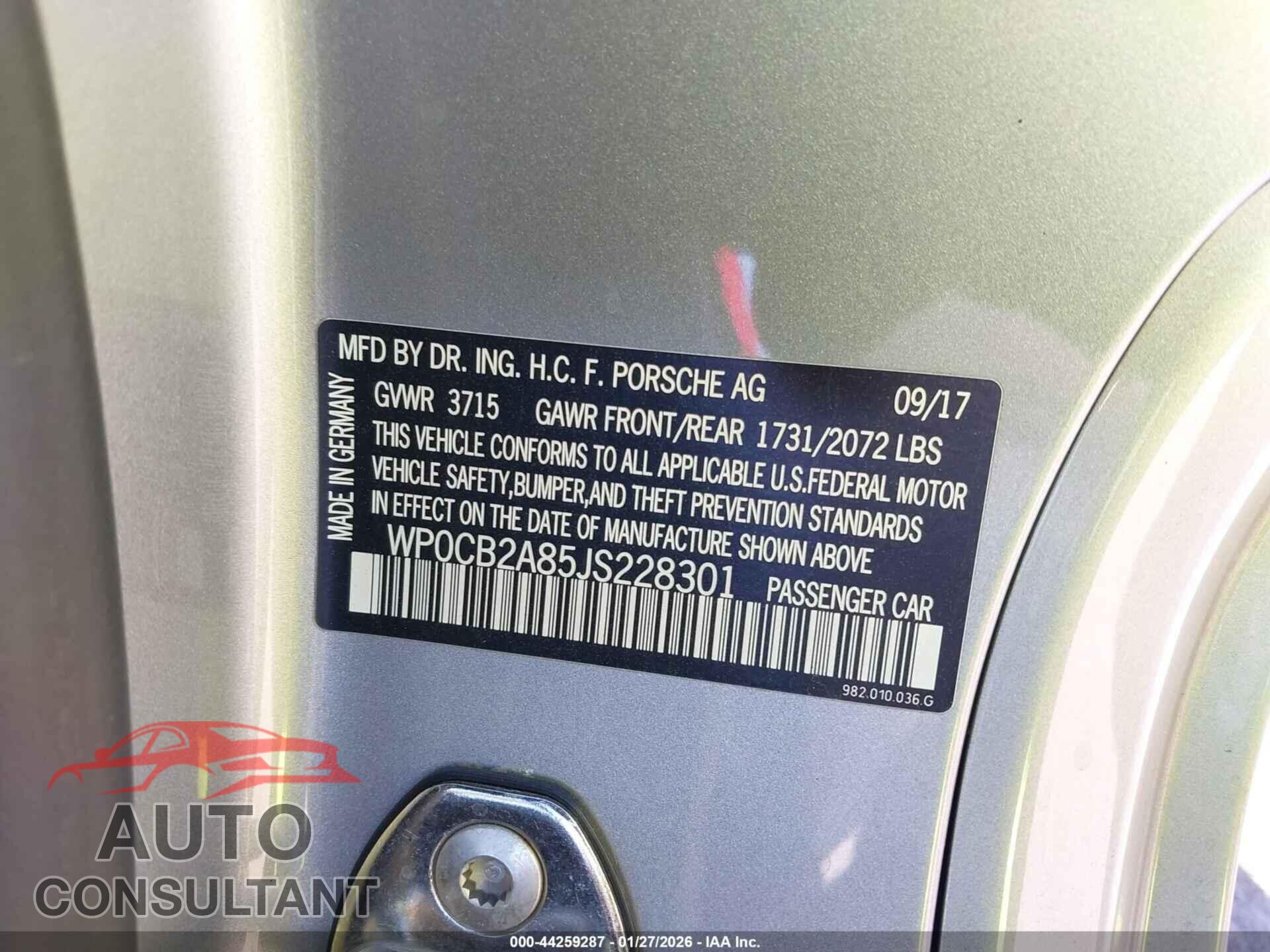 PORSCHE 718 BOXSTER 2018 - WP0CB2A85JS228301