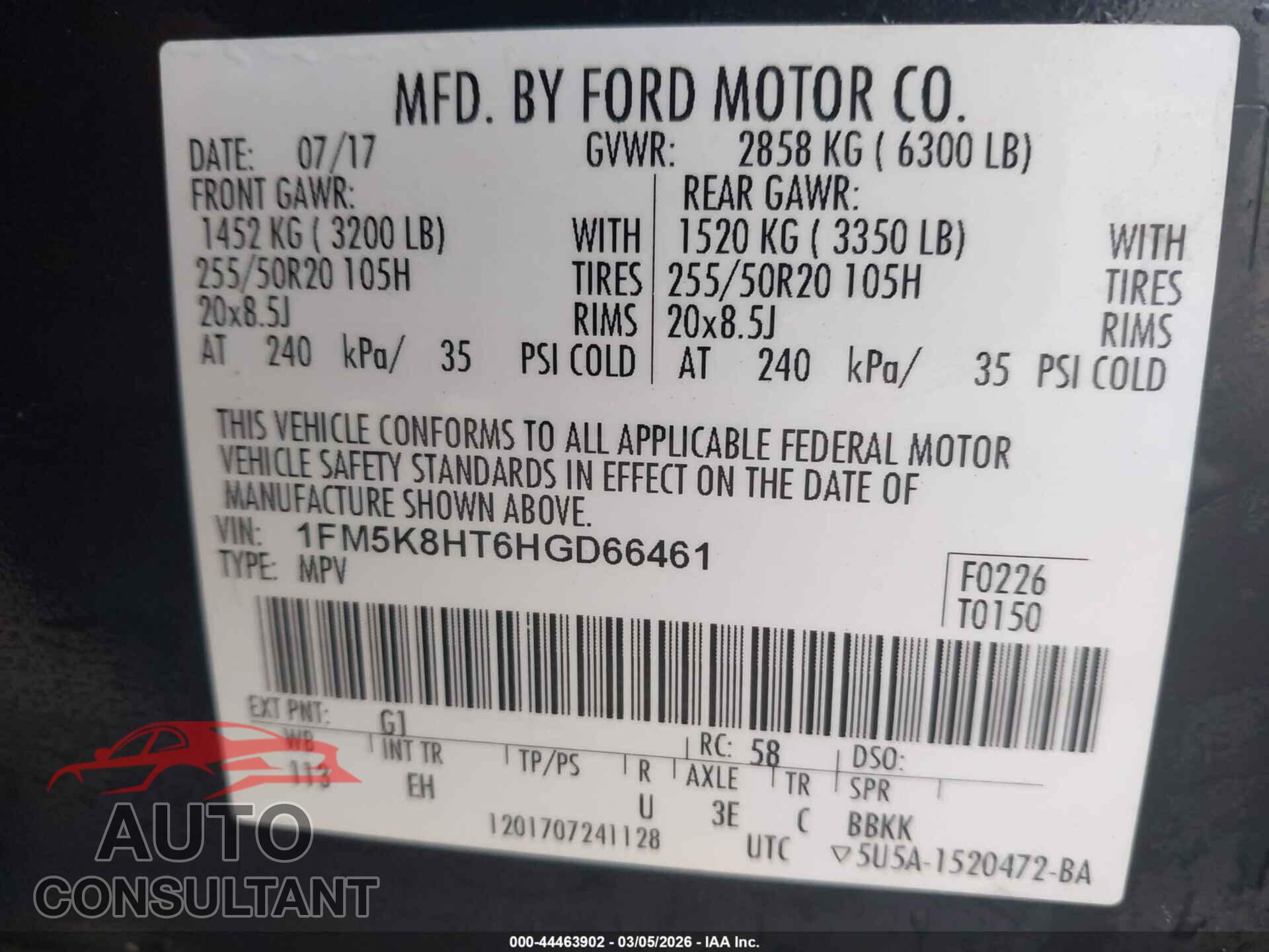 FORD EXPLORER 2017 - 1FM5K8HT6HGD66461