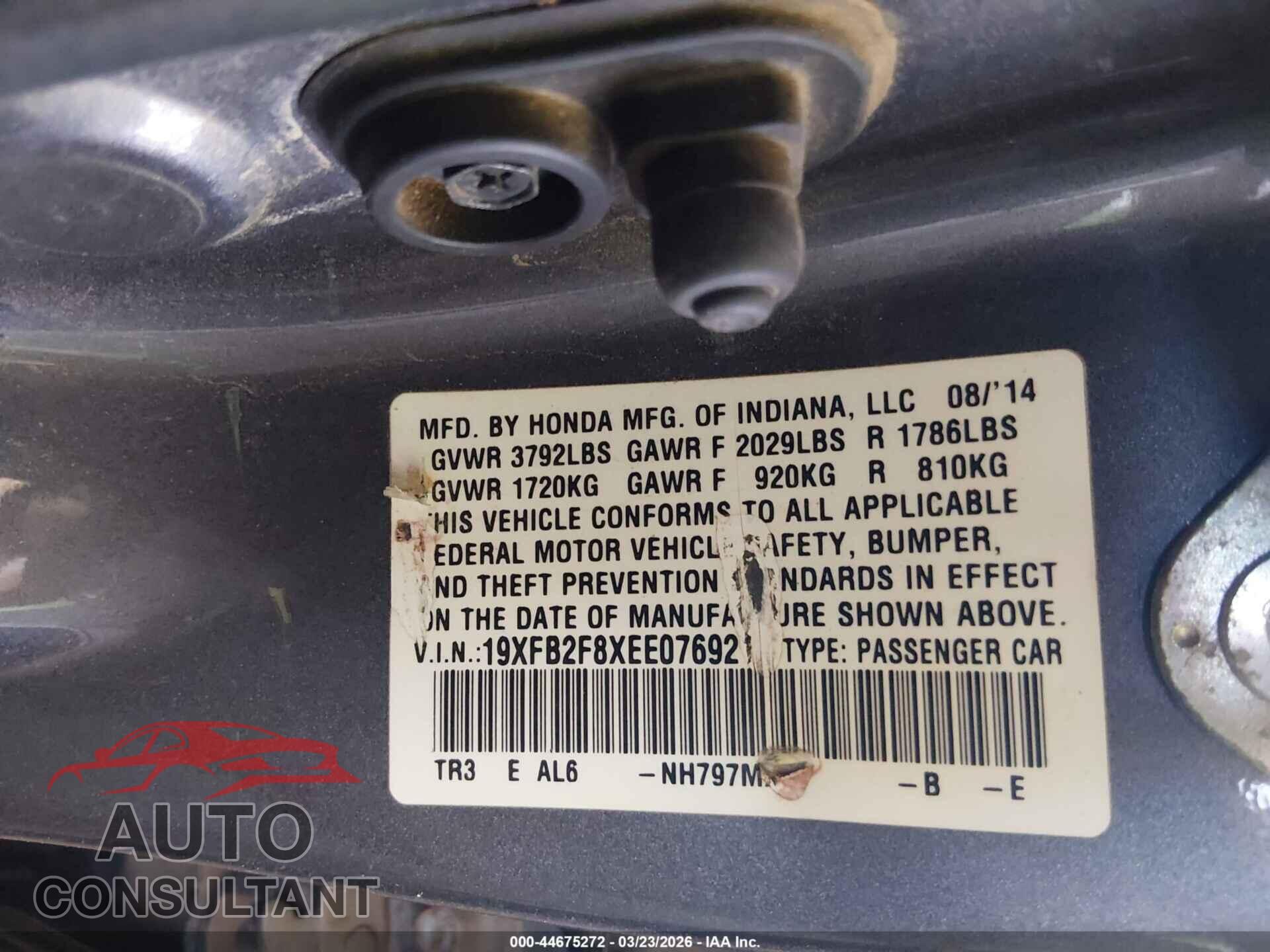 HONDA CIVIC 2014 - 19XFB2F8XEE076921