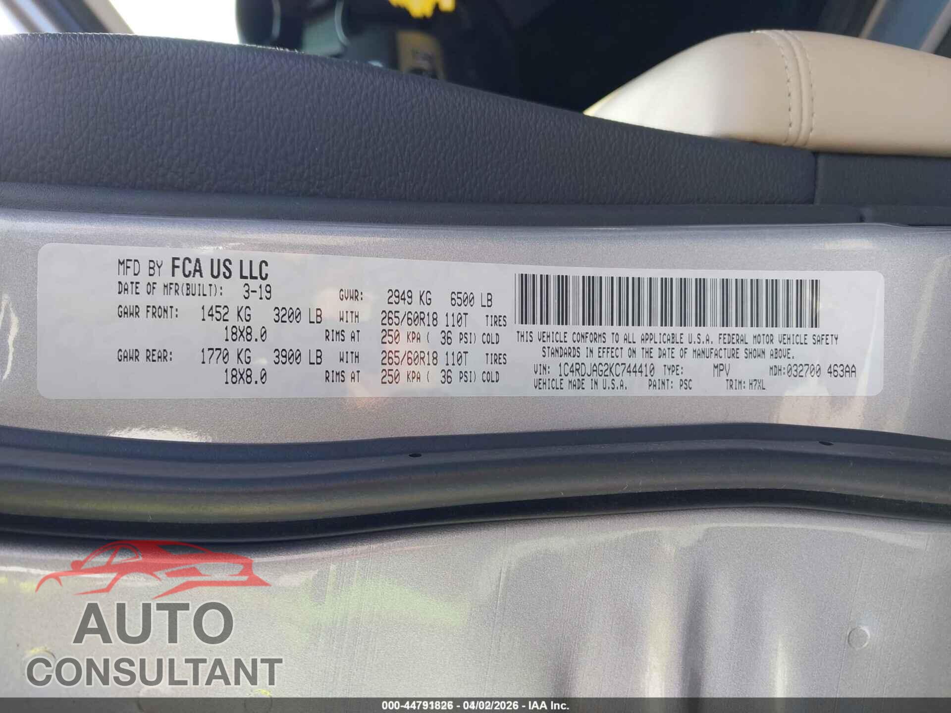 DODGE DURANGO 2019 - 1C4RDJAG2KC744410