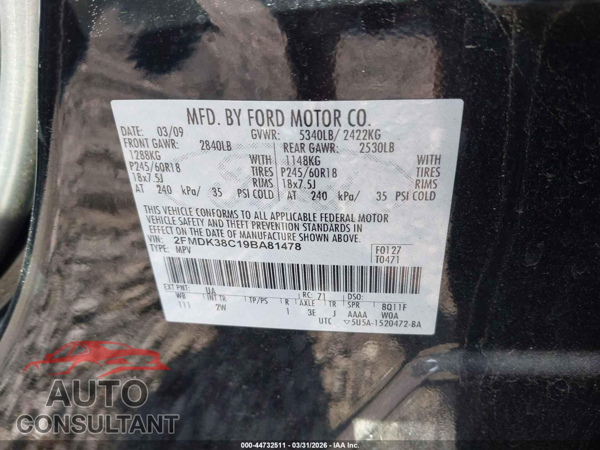 FORD EDGE 2009 - 2FMDK38C19BA81478