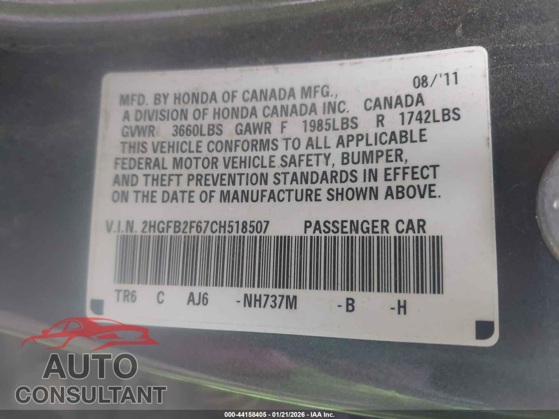 HONDA CIVIC 2012 - 2HGFB2F67CH518507