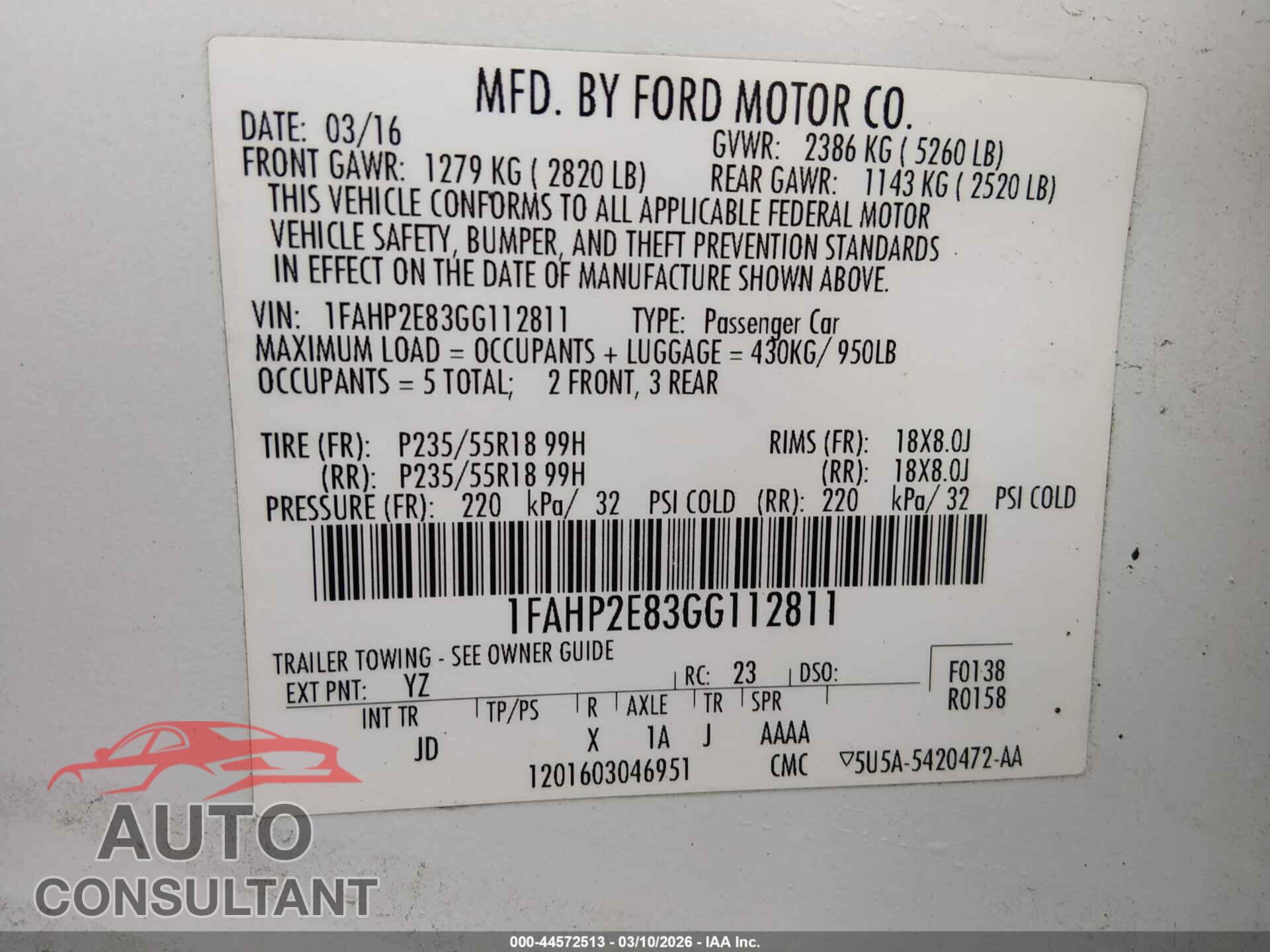 FORD TAURUS 2016 - 1FAHP2E83GG112811