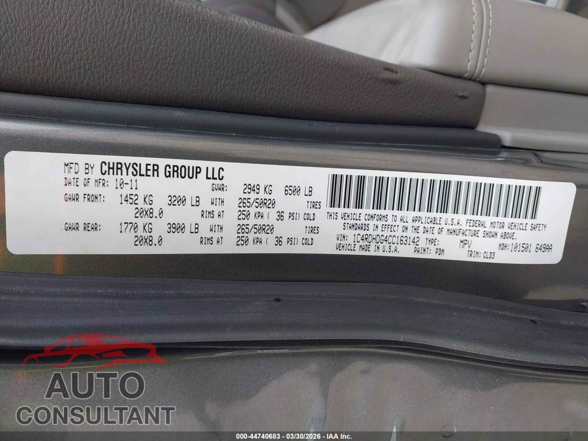 DODGE DURANGO 2012 - 1C4RDHDG4CC163142