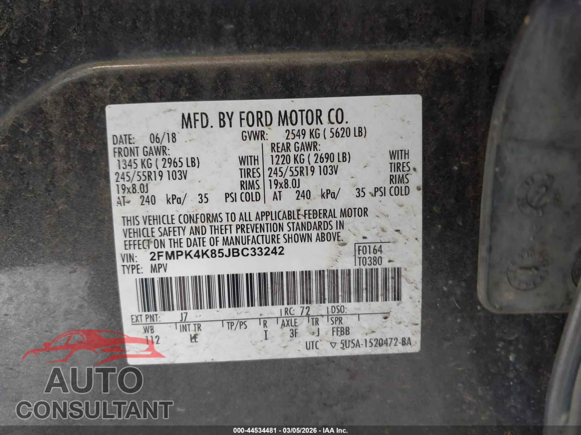 FORD EDGE 2018 - 2FMPK4K85JBC33242