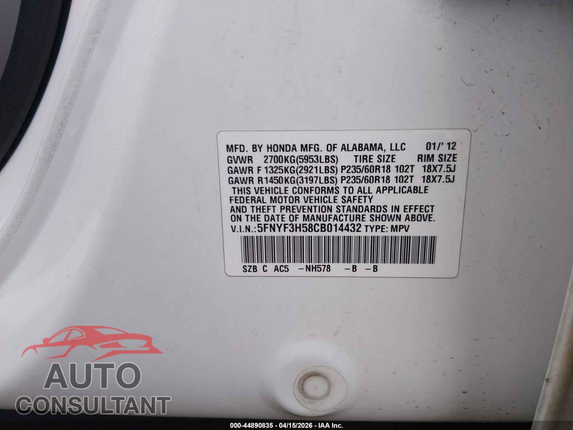 HONDA PILOT 2012 - 5FNYF3H58CB014432