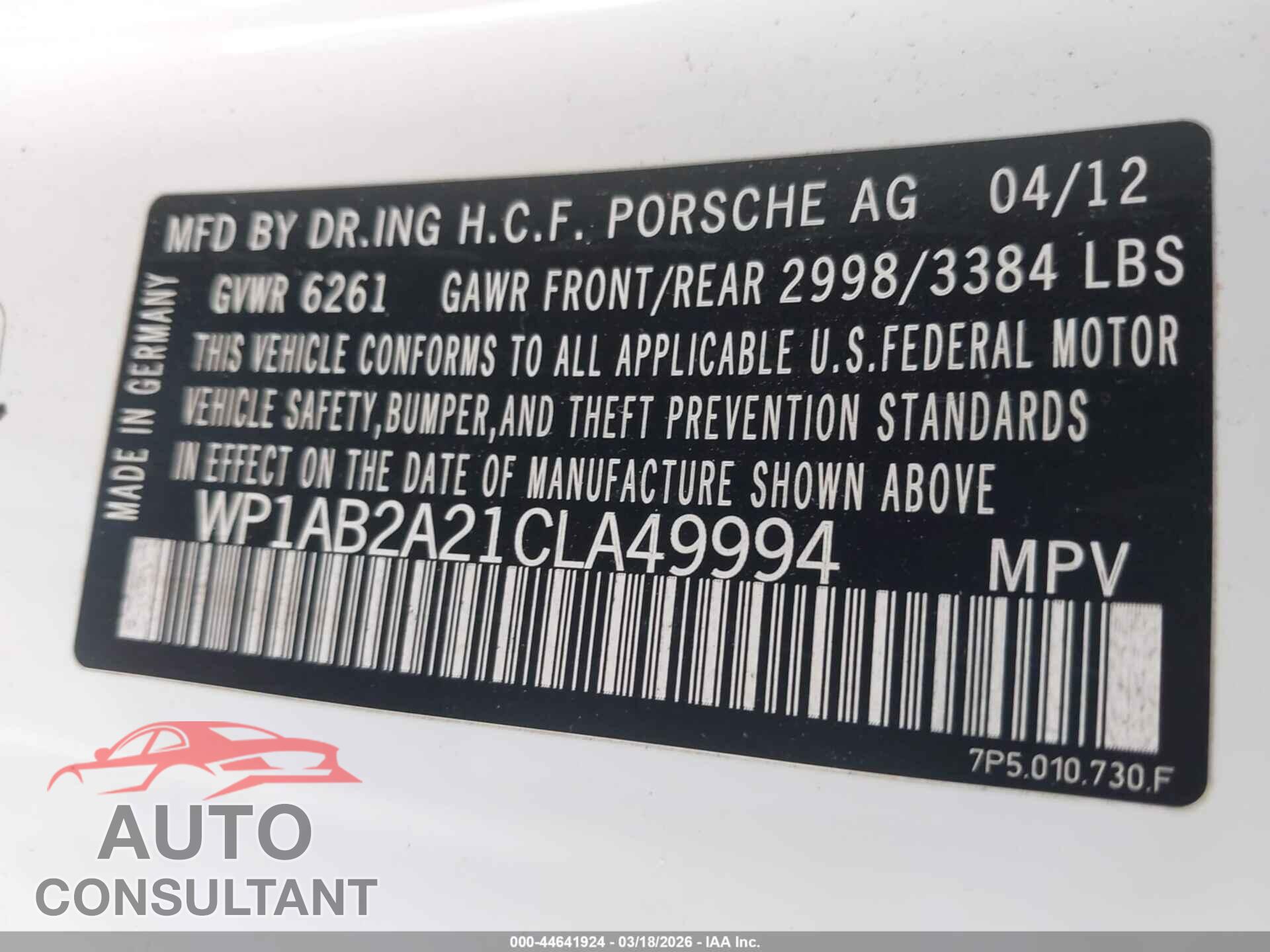 PORSCHE CAYENNE 2012 - WP1AB2A21CLA49994