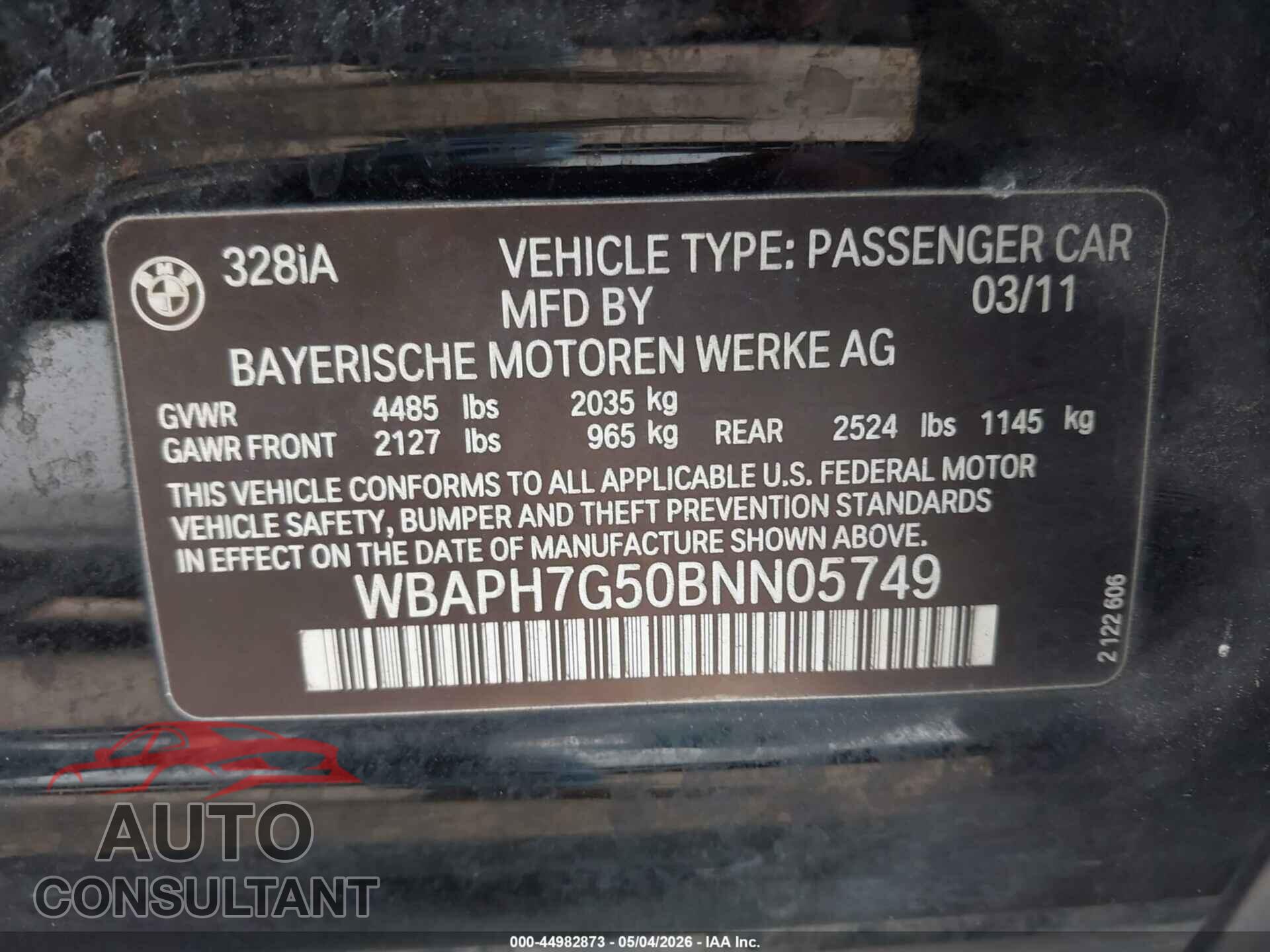 BMW 328I 2011 - WBAPH7G50BNN05749